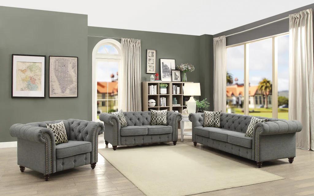 45" Brown Linen And Black Tufted Chesterfield Chair By Homeroots - Image 3