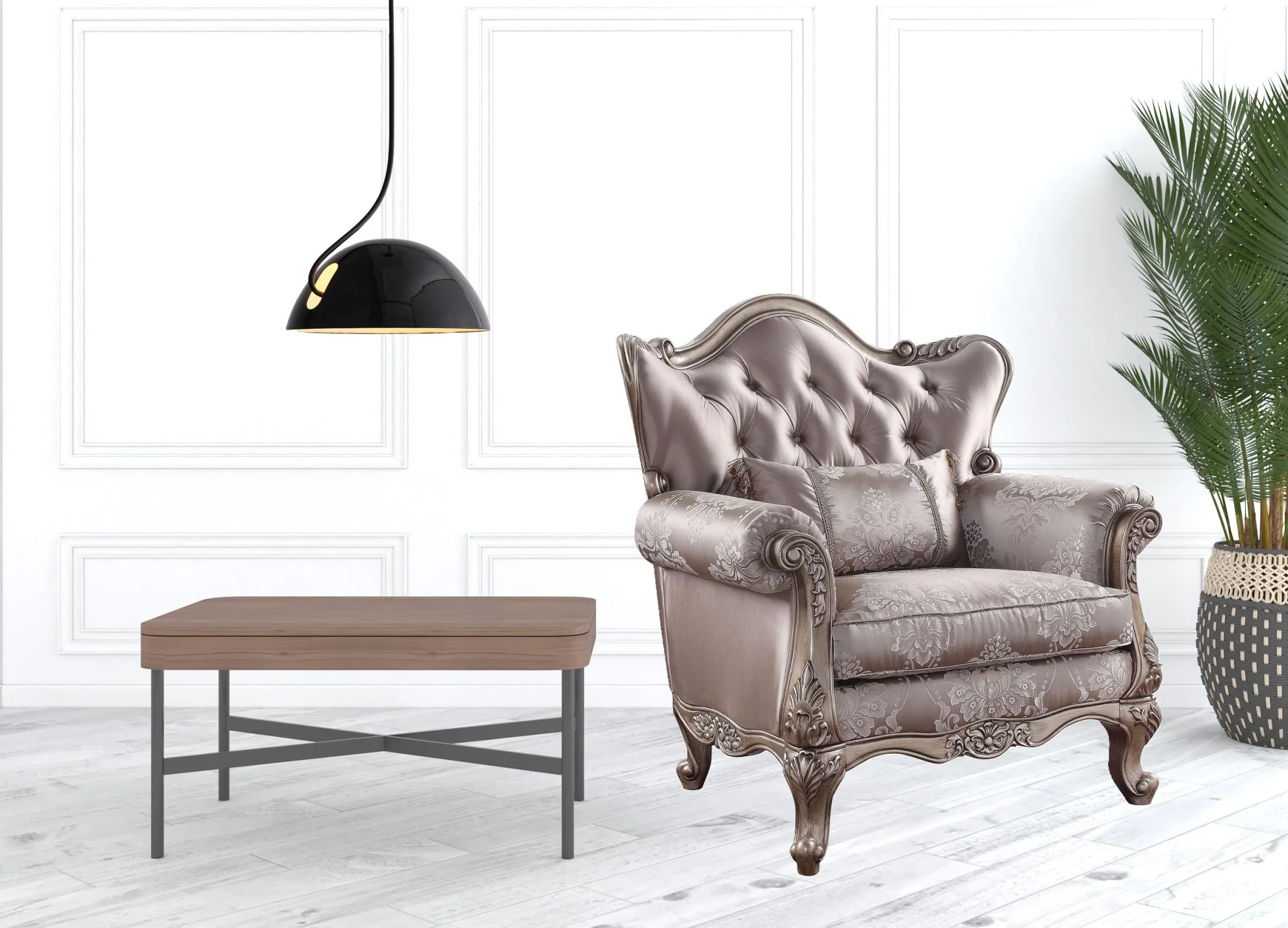45" Champagne Fabric Floral Tufted Arm Chair By Homeroots - Image 2
