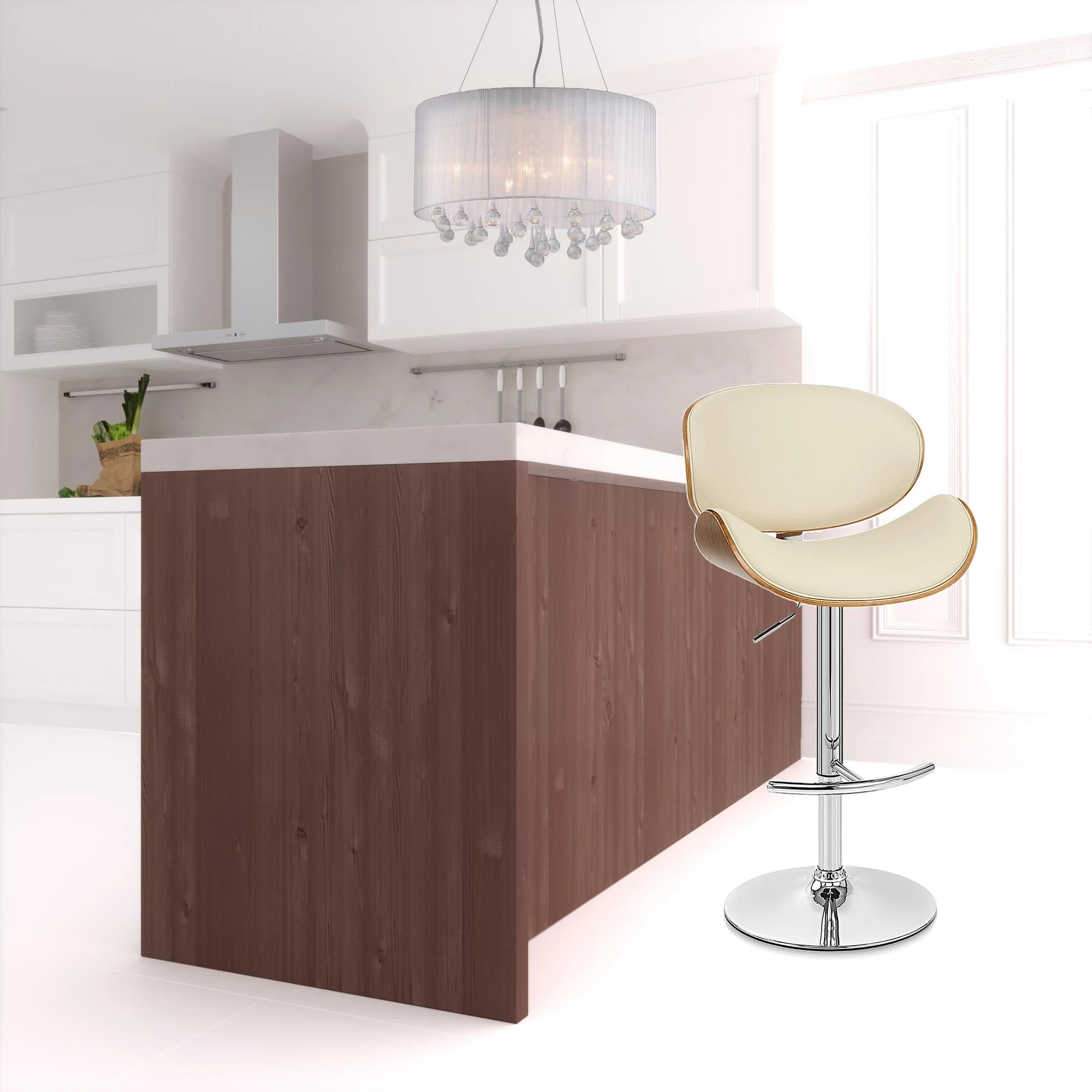 45" Cream Faux Leather And Solid Wood Swivel Adjustable Height Bar Chair By Homeroots - Image 2