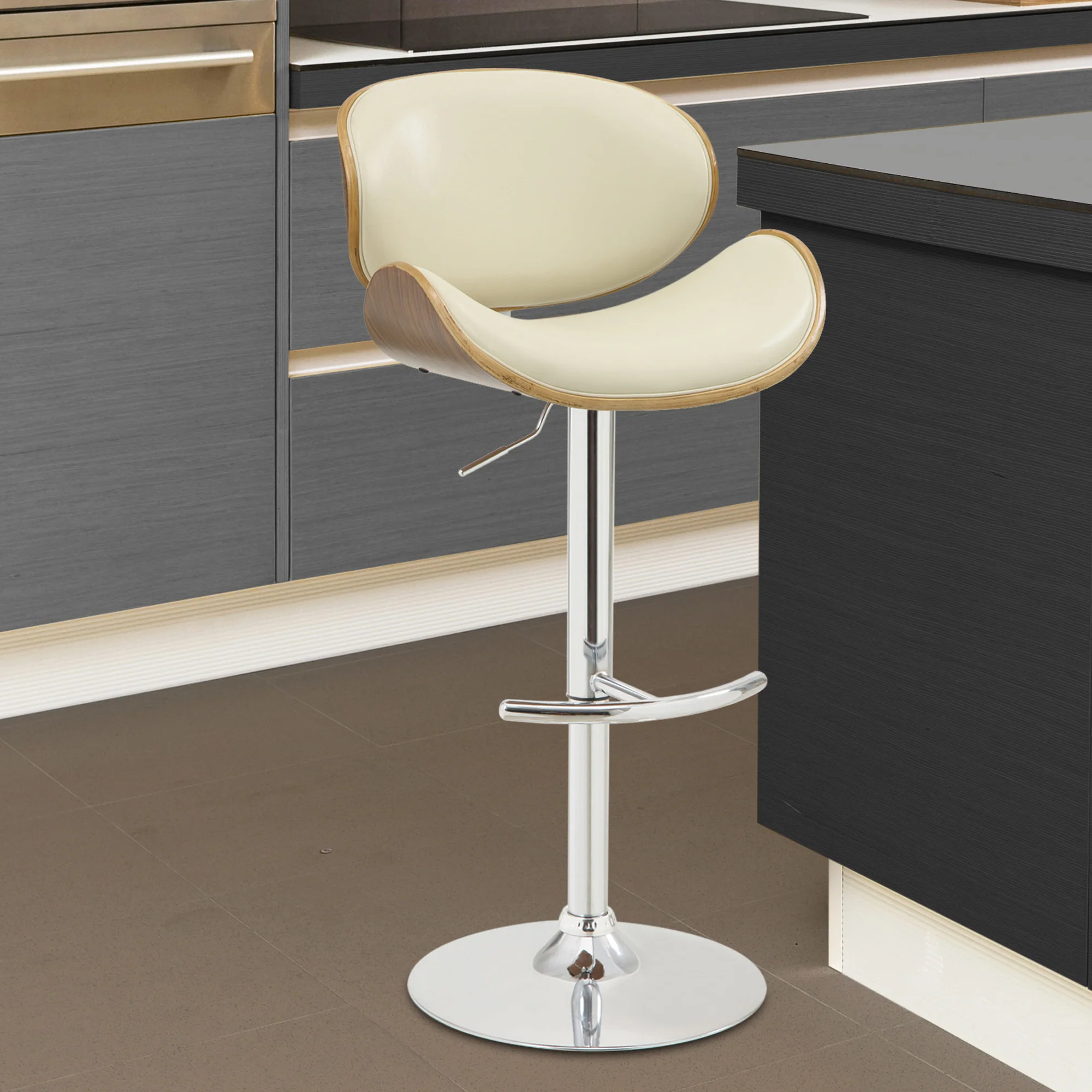 45" Cream Faux Leather And Solid Wood Swivel Adjustable Height Bar Chair By Homeroots - Image 8
