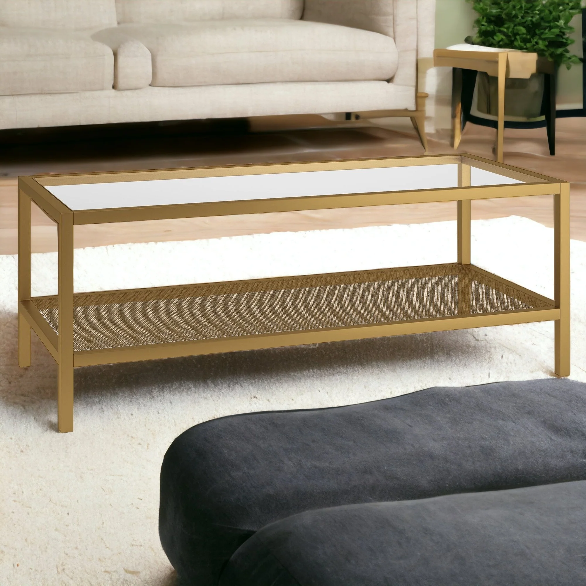 45" Gold Glass Rectangular Coffee Table With Shelf By Homeroots - Image 5