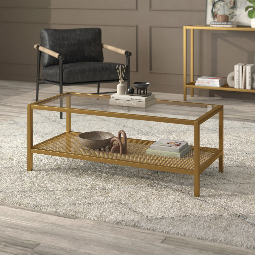 45" Gold Glass Rectangular Coffee Table With Shelf By Homeroots - Image 6
