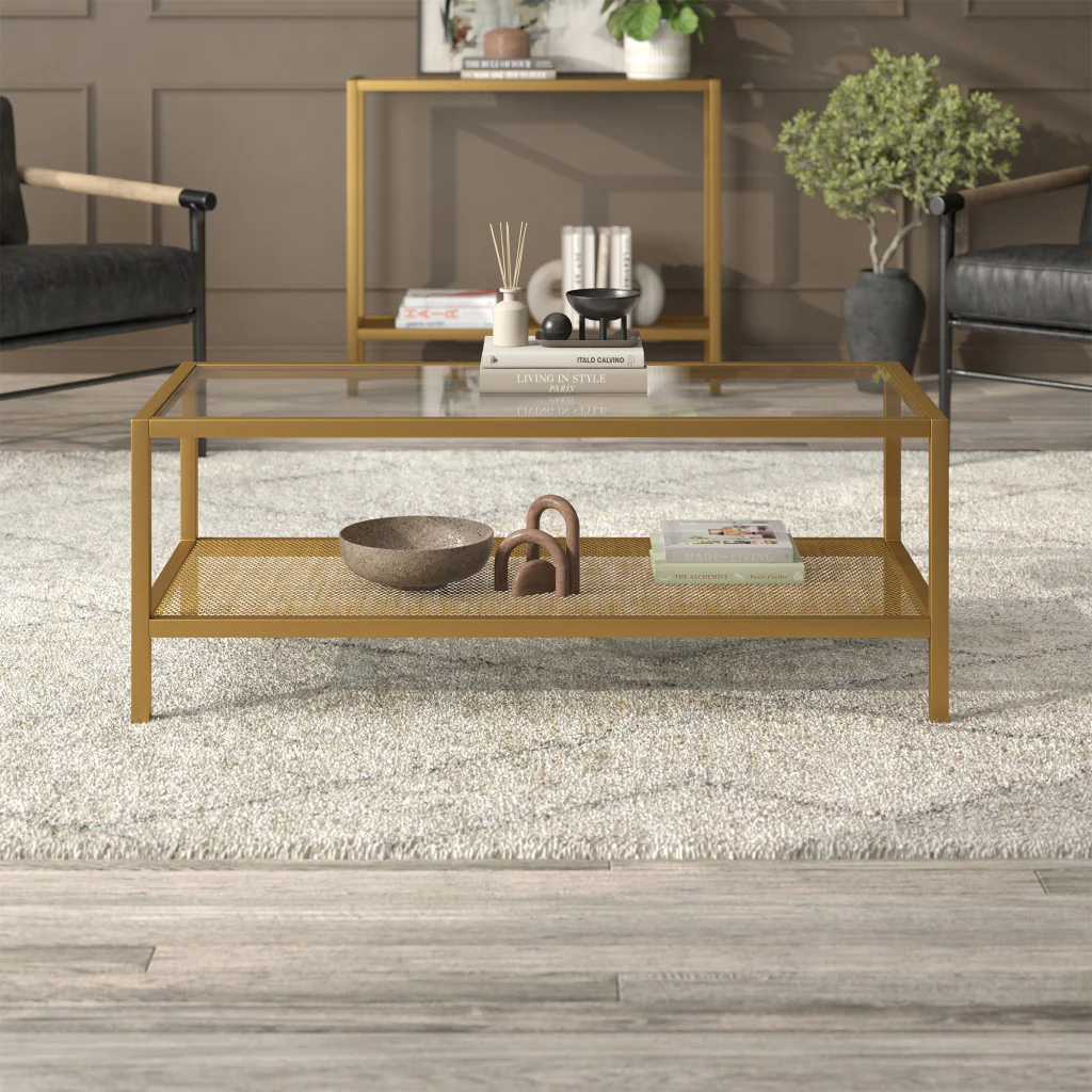 45" Gold Glass Rectangular Coffee Table With Shelf By Homeroots - Image 7