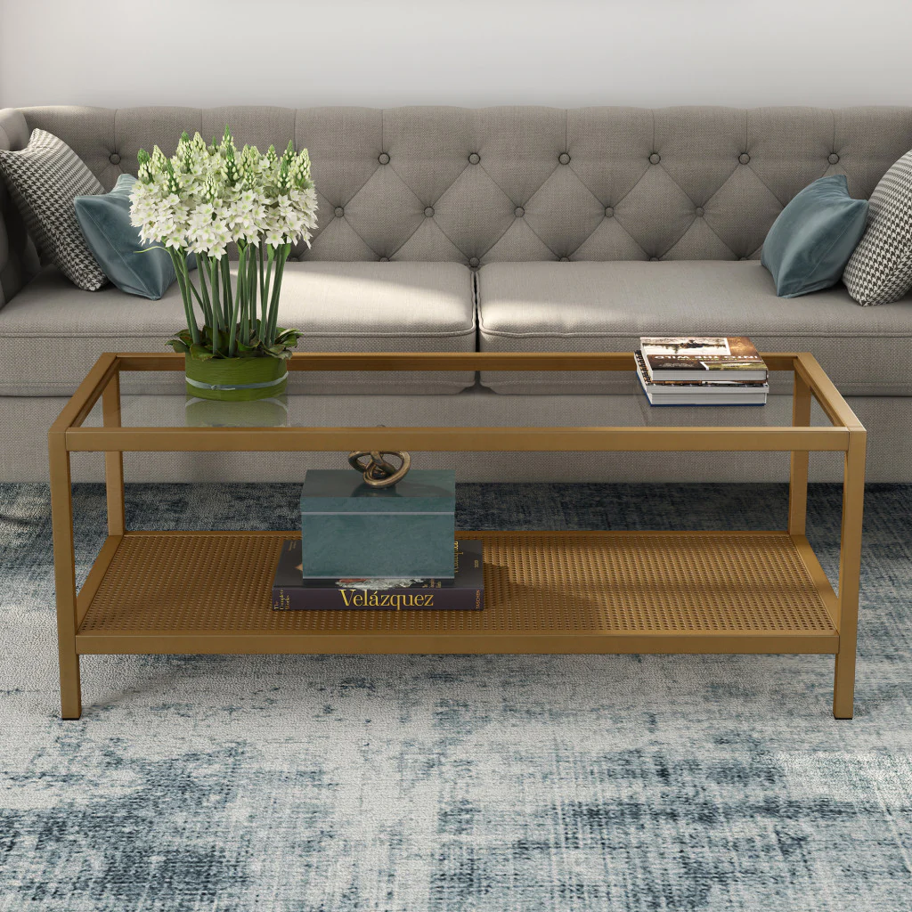 45" Gold Glass Rectangular Coffee Table With Shelf By Homeroots - Image 8