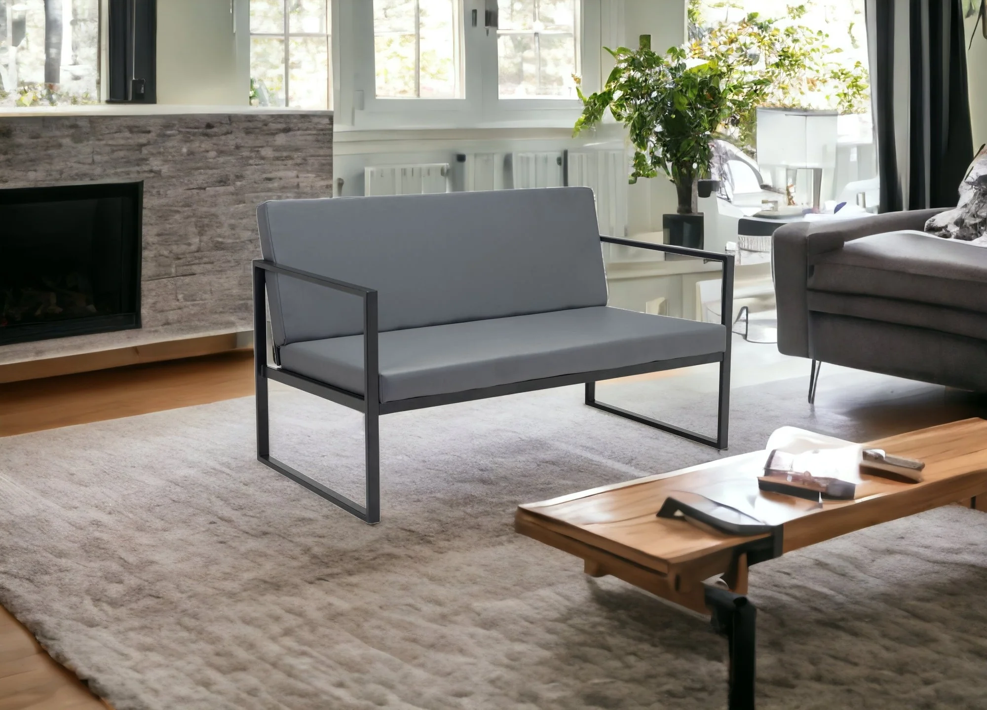 45" Gray Faux Leather And Black Metal Contemporary Sofa By Homeroots - Image 2