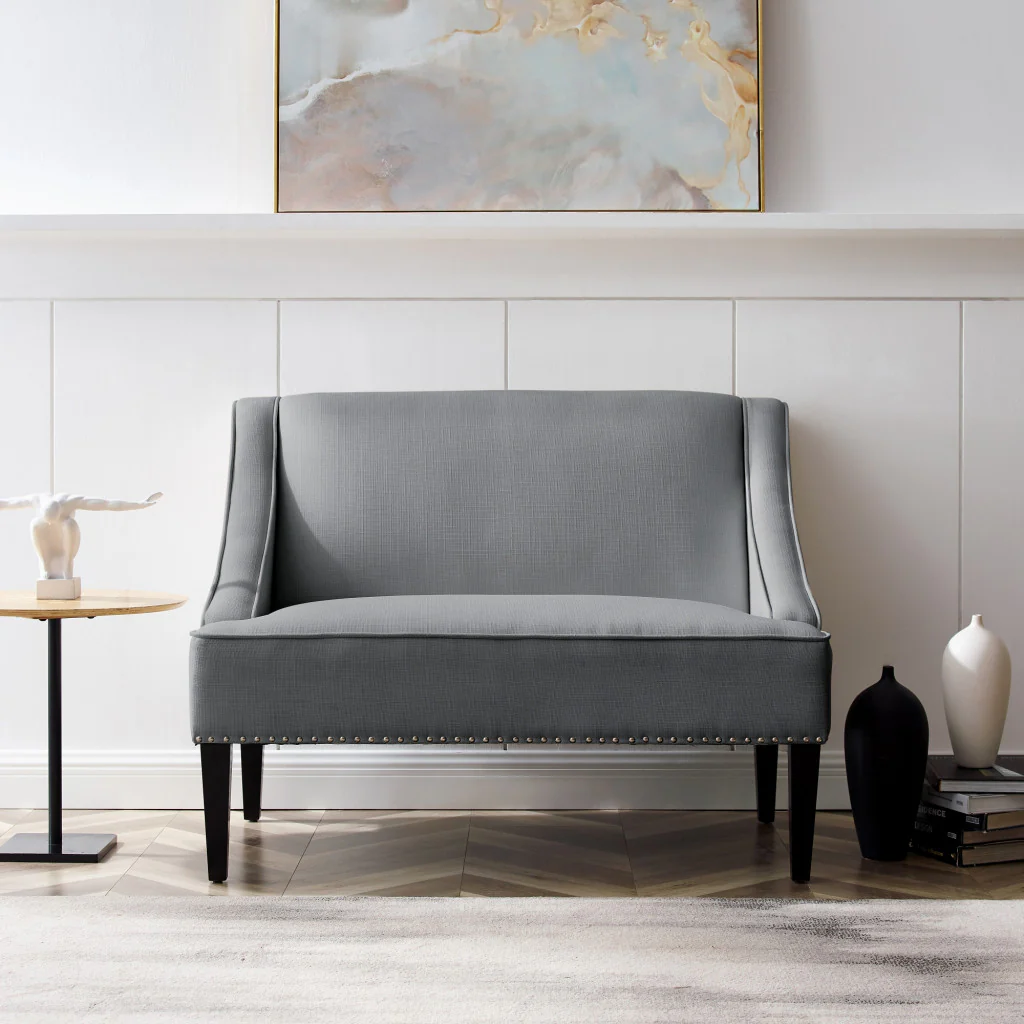 45" Light Gray And Black Upholstered Linen Bench By Homeroots - Image 8