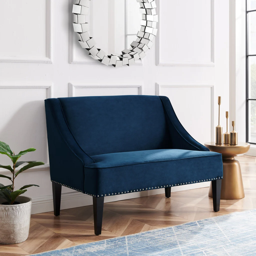 45" Navy Blue And Brown Upholstered Velvet Bench By Homeroots - Image 8