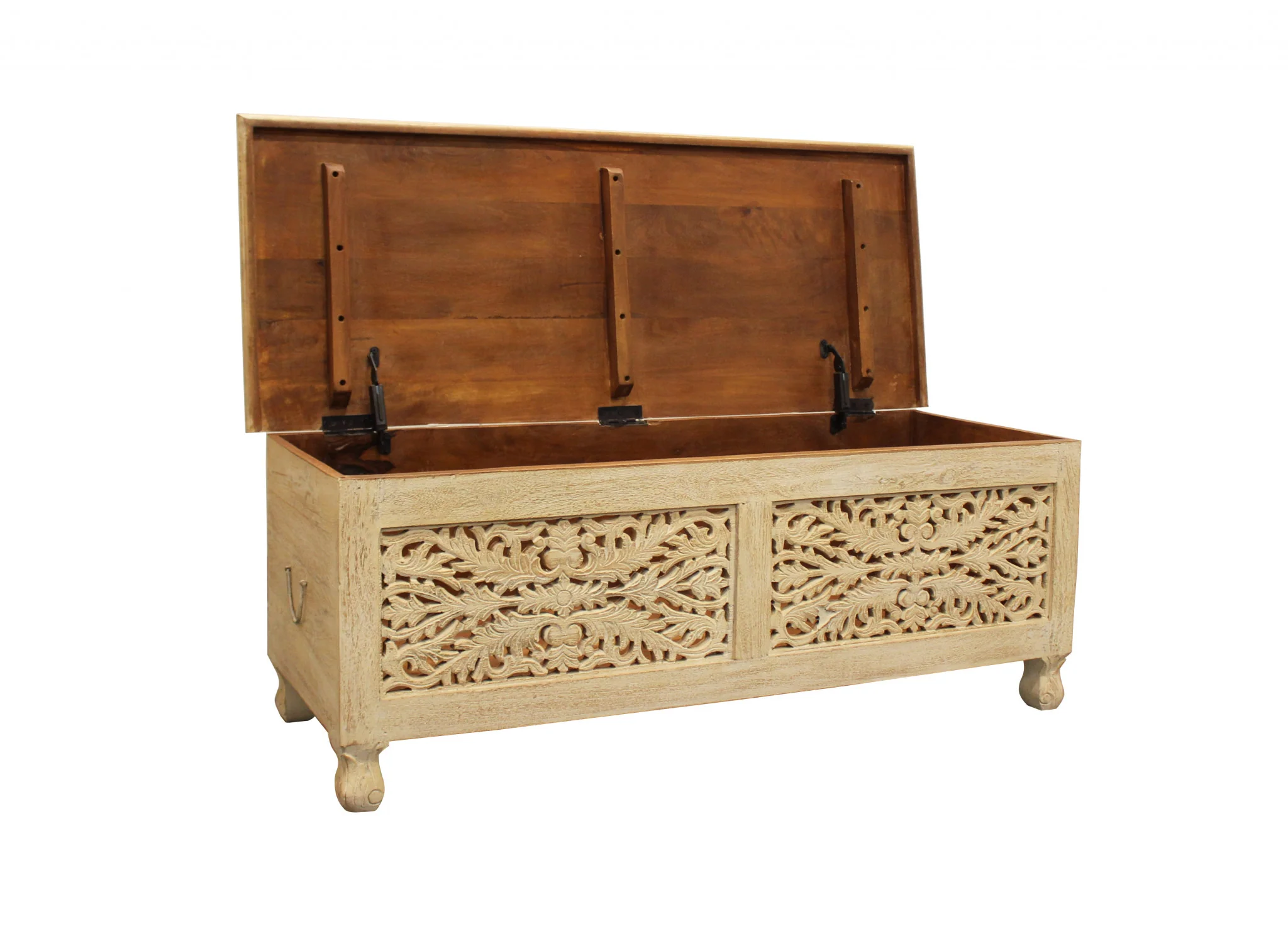 46" Antique White Solid Carved Wood Scroll Bench with Flip Top By Homeroots - Image 3