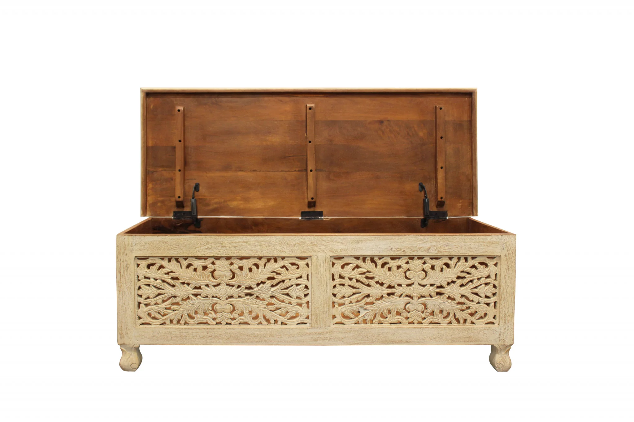 46" Antique White Solid Carved Wood Scroll Bench with Flip Top By Homeroots - Image 5
