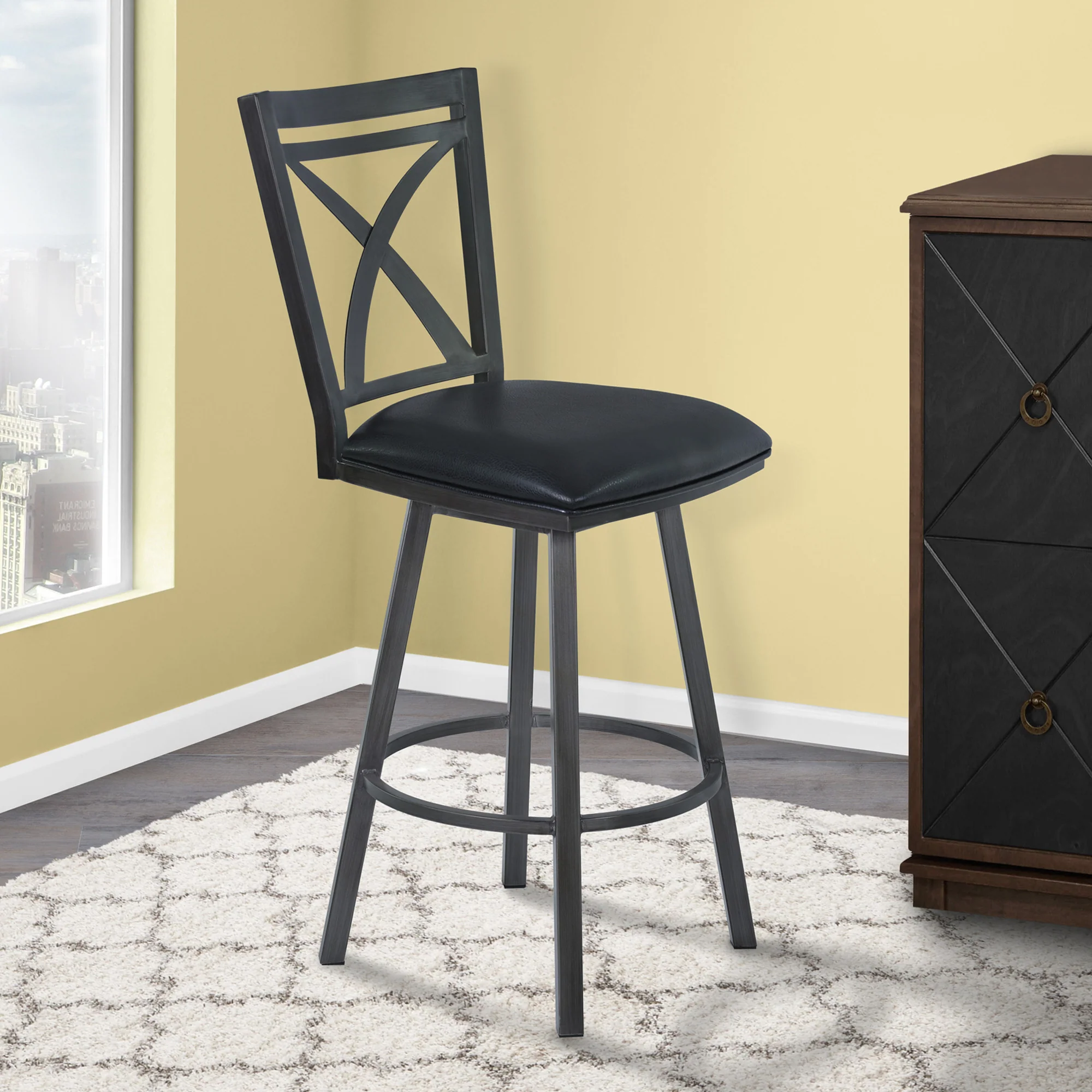 46" Black Faux Leather And Iron Swivel Bar Height Chair By Homeroots - Image 6