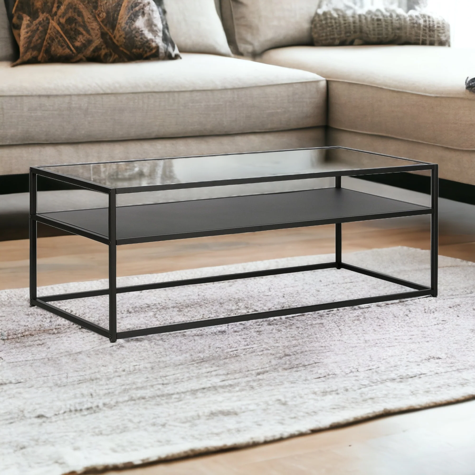 46" Black Glass Rectangular Coffee Table With Shelf By Homeroots - Image 4