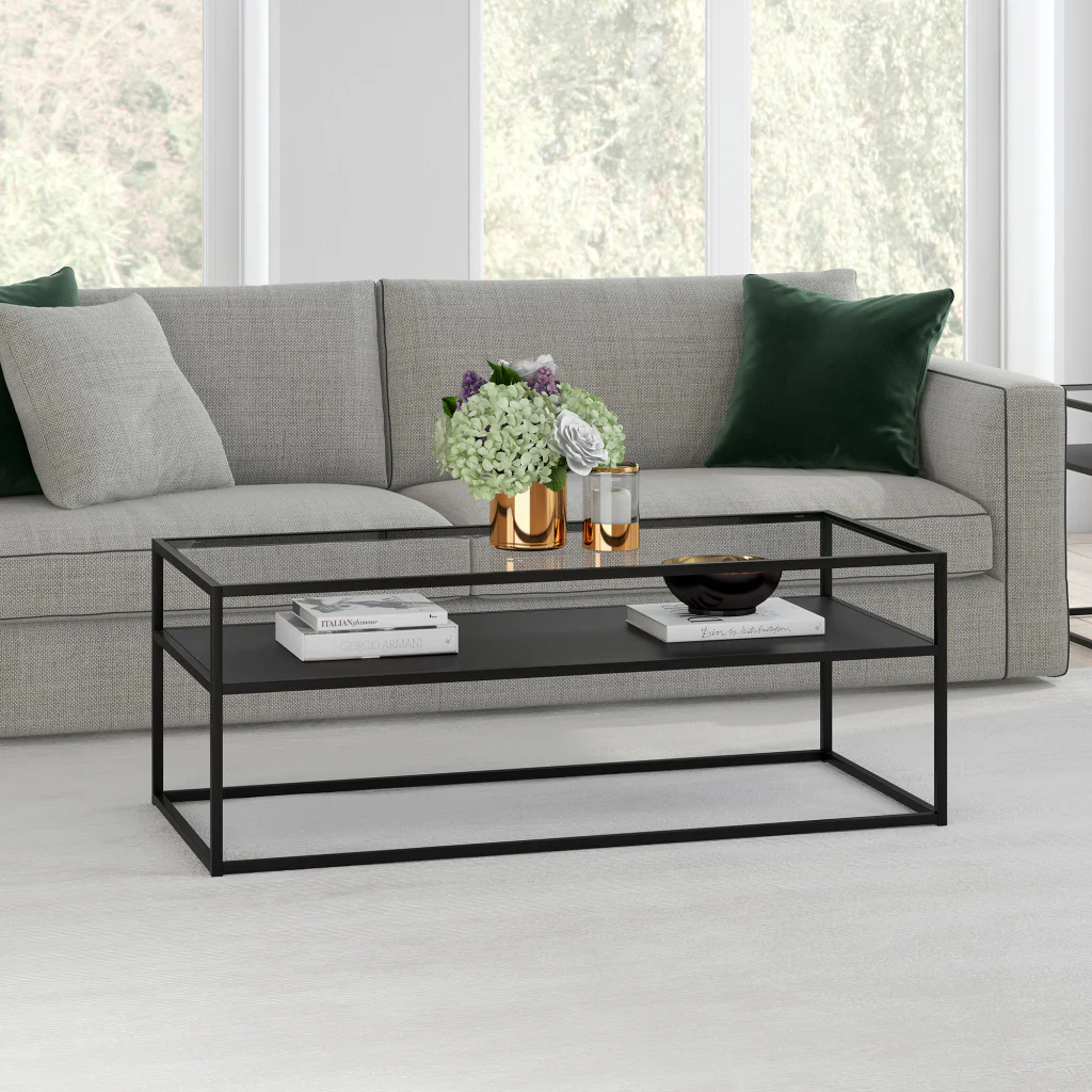 46" Black Glass Rectangular Coffee Table With Shelf By Homeroots - Image 5