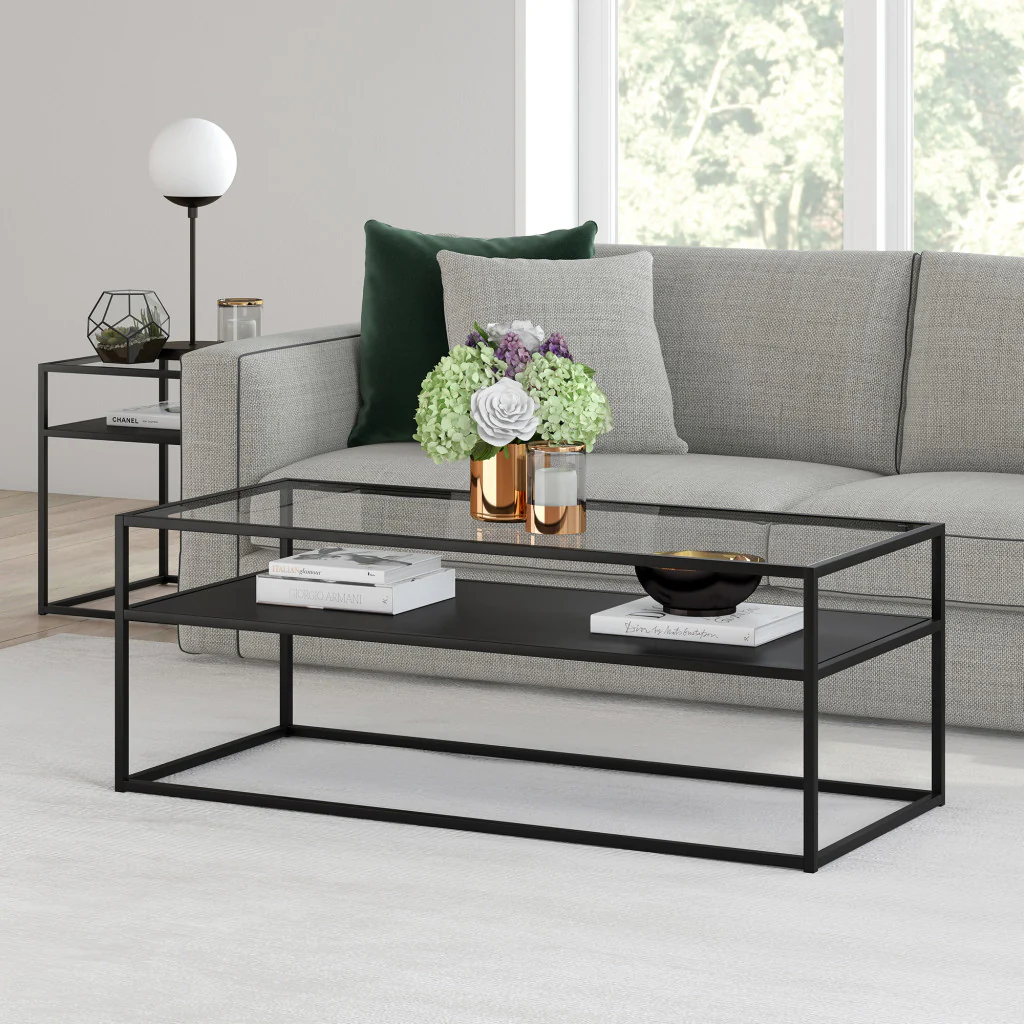 46" Black Glass Rectangular Coffee Table With Shelf By Homeroots - Image 7