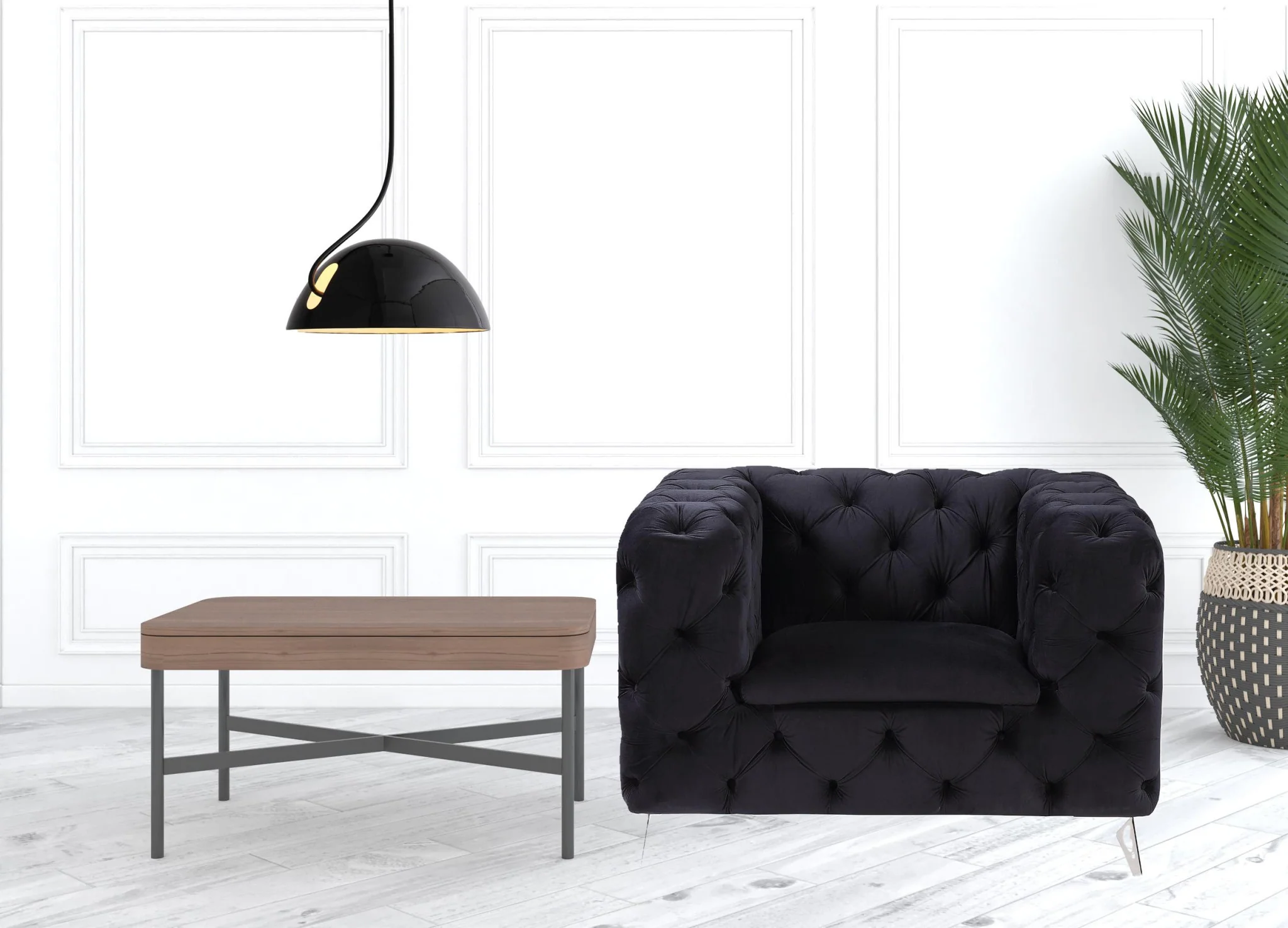 46" Black Velvet And Chrome Tufted Arm Chair By Homeroots - Image 4