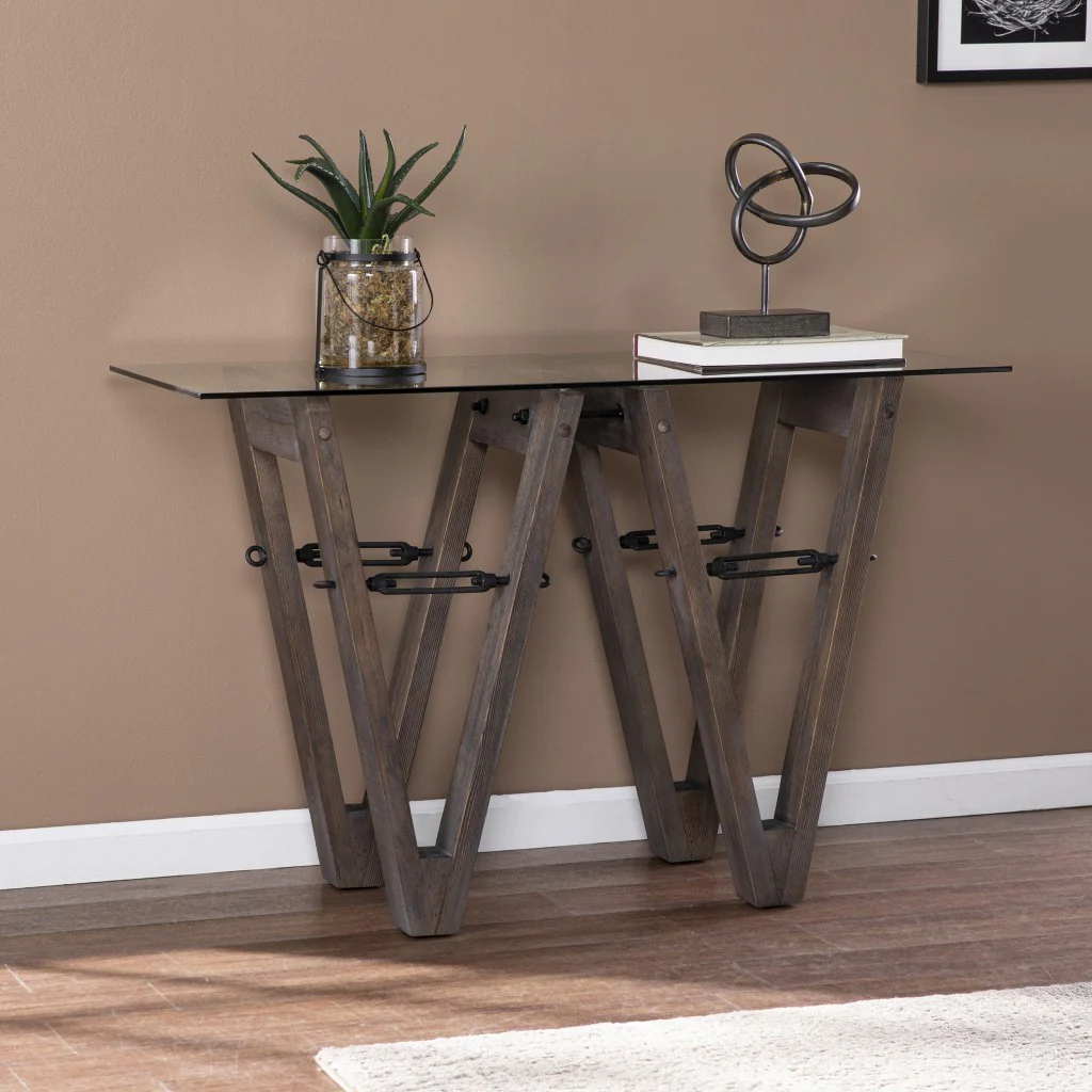 46" Clear and Gray Brown Glass Abstract Console Table By Homeroots - Image 5