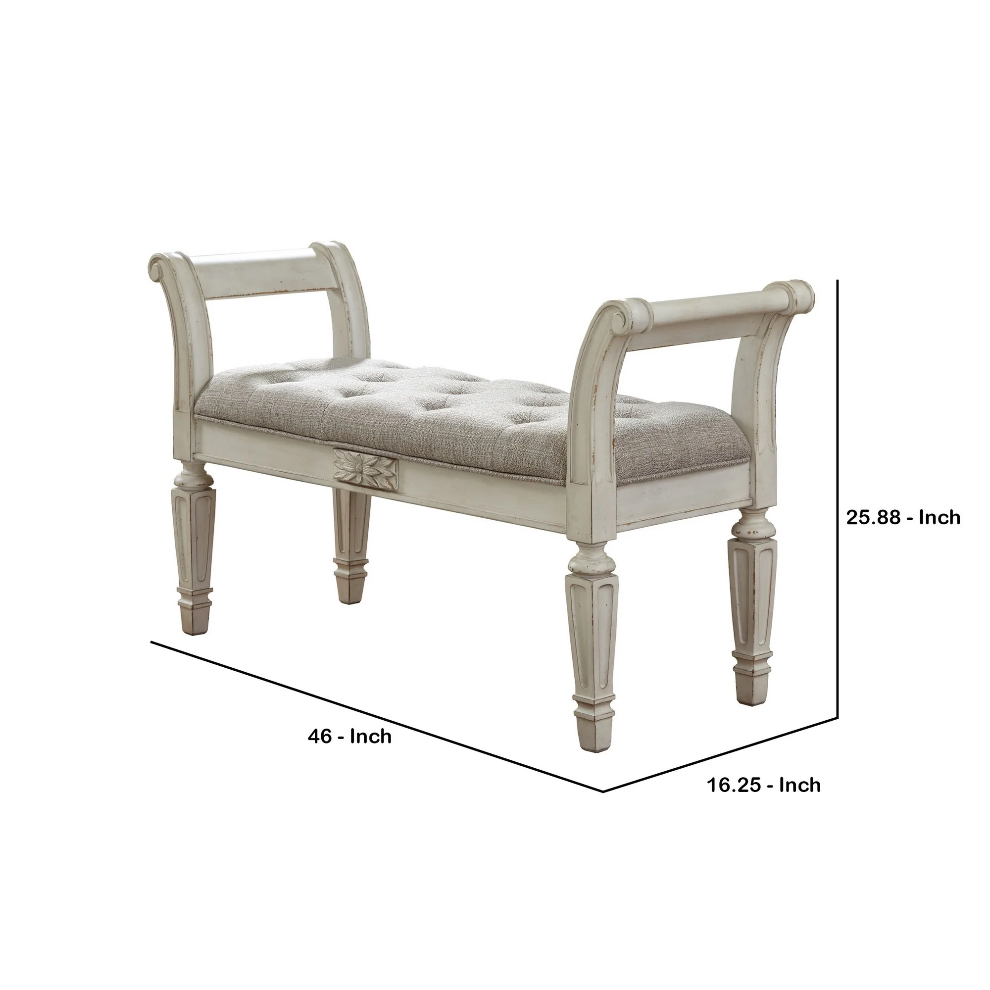 46 Inches Tufted Fabric Padded Wooden Accent Bench Antique White By Benzara - Image 2