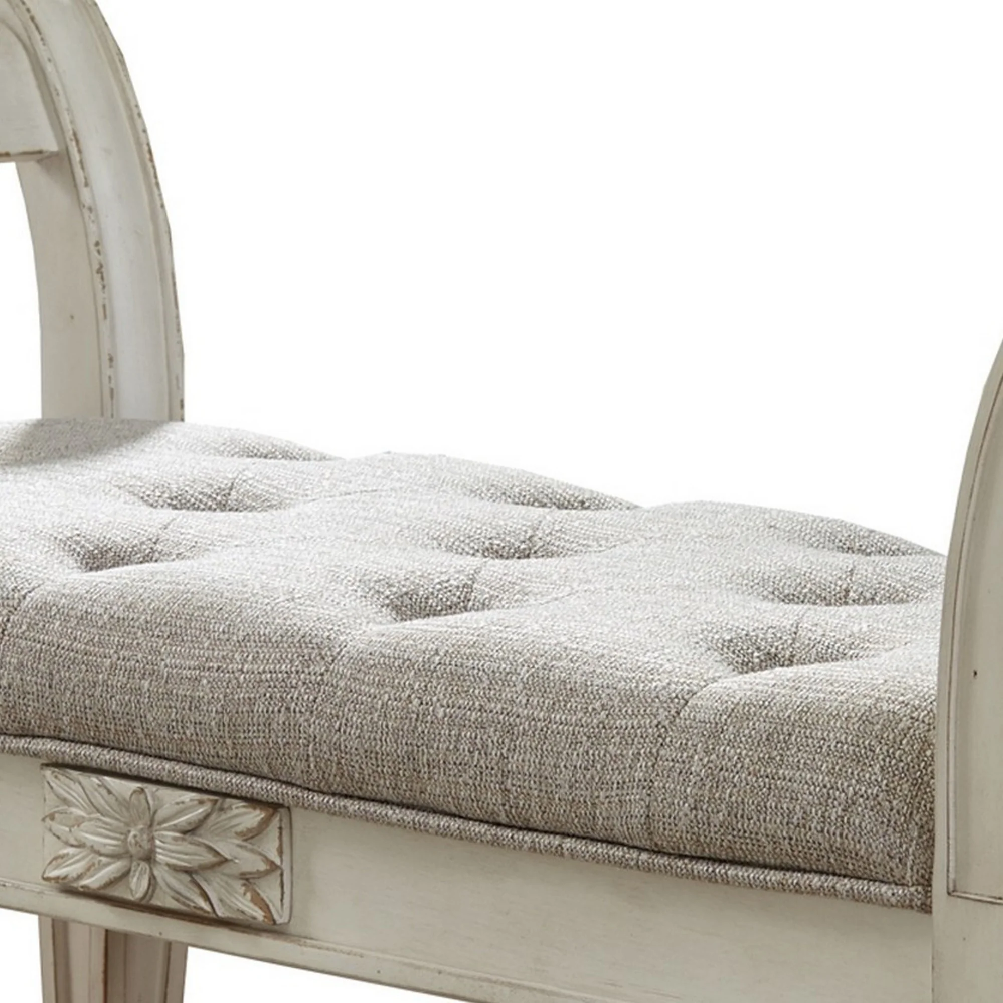 46 Inches Tufted Fabric Padded Wooden Accent Bench Antique White By Benzara - Image 4