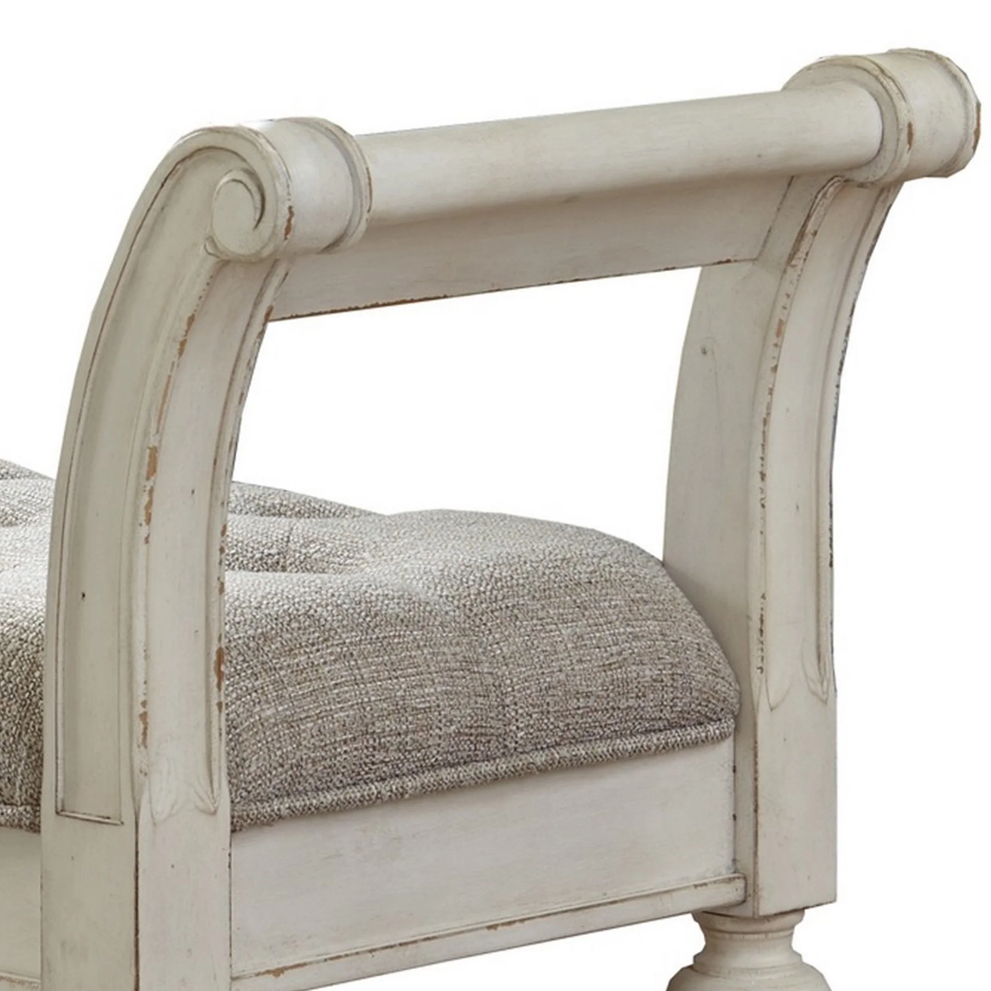 46 Inches Tufted Fabric Padded Wooden Accent Bench Antique White By Benzara - Image 5