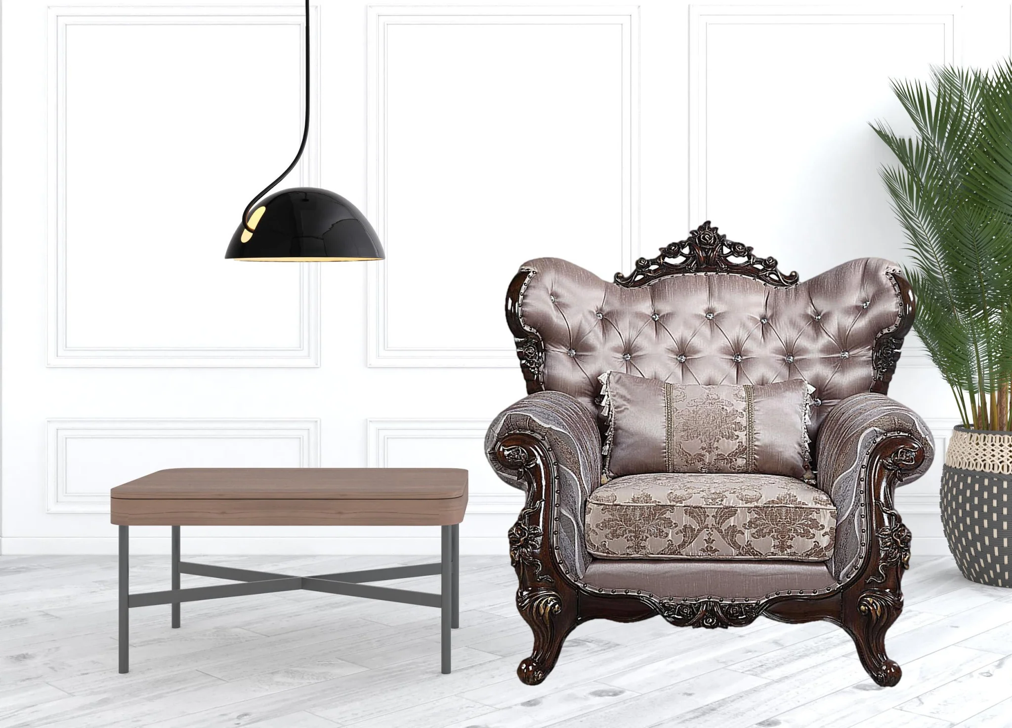 46" Light Gray Fabric And Antique Oak Floral Tufted Arm Chair By Homeroots - Image 2