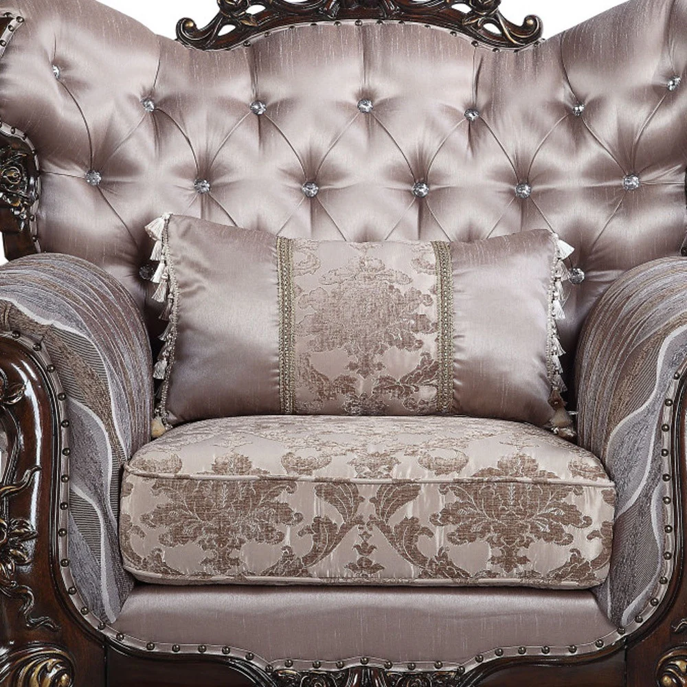 46" Light Gray Fabric And Antique Oak Floral Tufted Arm Chair By Homeroots - Image 3