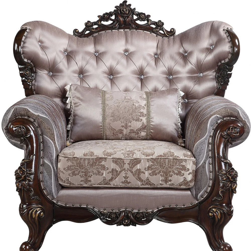 46" Light Gray Fabric And Antique Oak Floral Tufted Arm Chair By Homeroots - Image 4