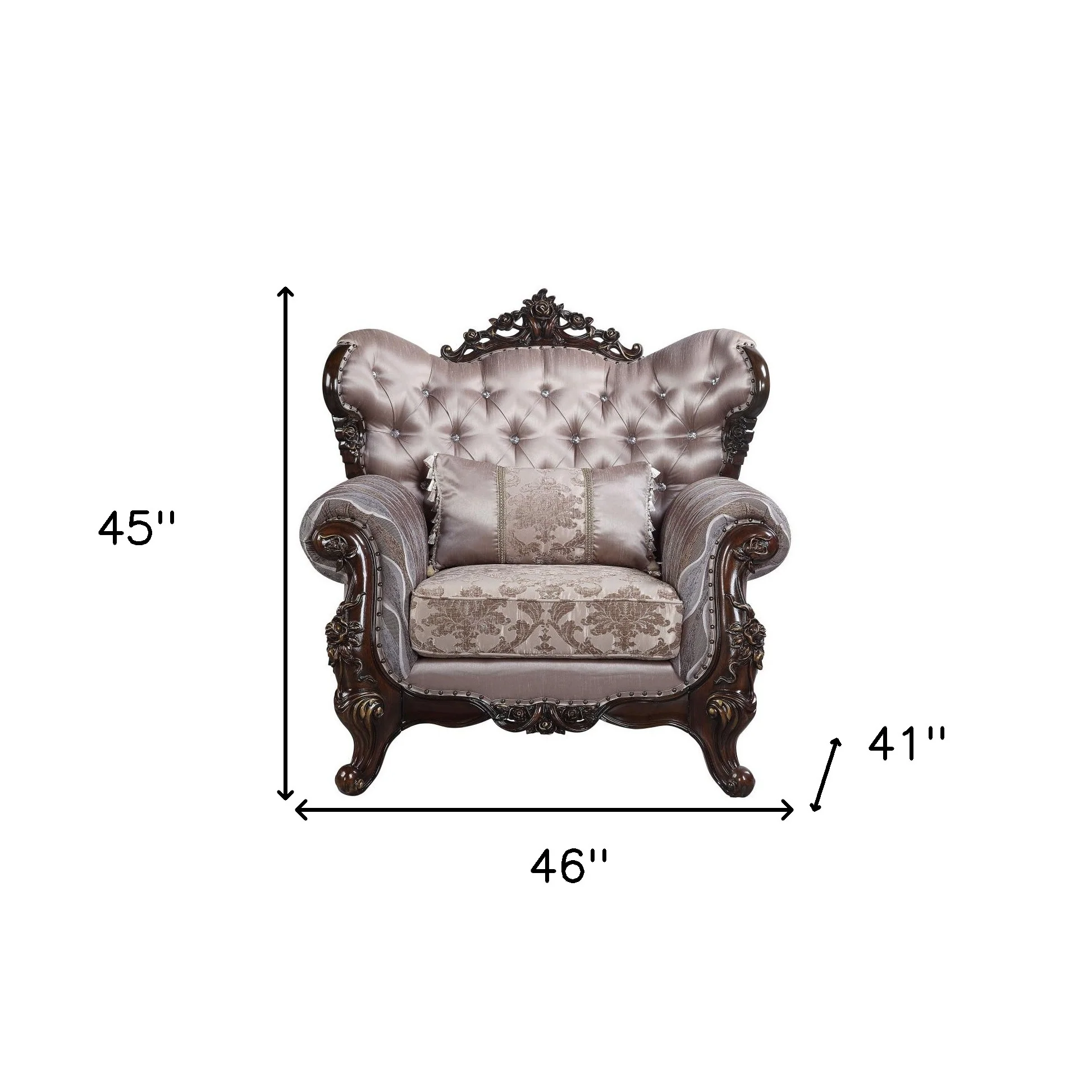 46" Light Gray Fabric And Antique Oak Floral Tufted Arm Chair By Homeroots - Image 5