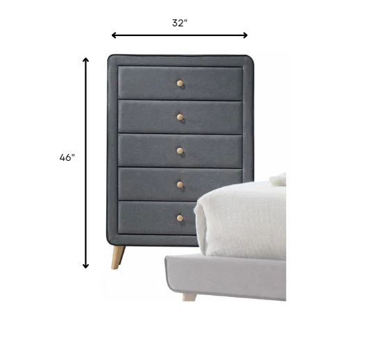 46' Light Gray Upholstery 5 Drawer Chest Dresser With Light Natural Legs By Homeroots - Image 2