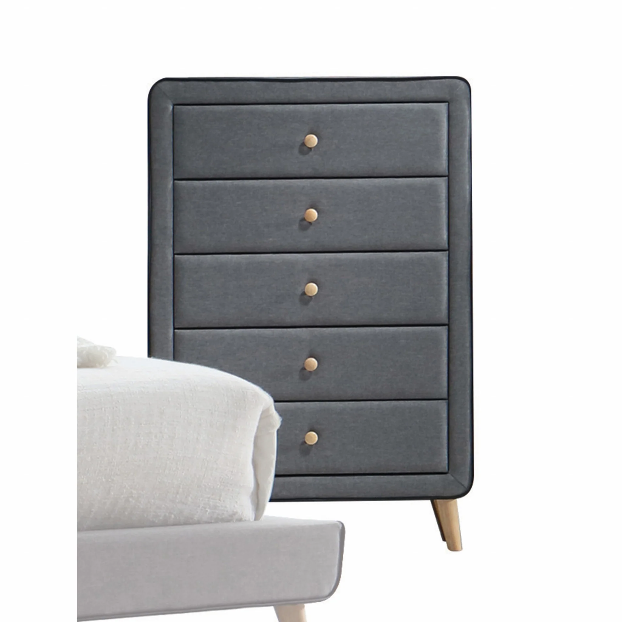 46' Light Gray Upholstery 5 Drawer Chest Dresser With Light Natural Legs By Homeroots - Image 3