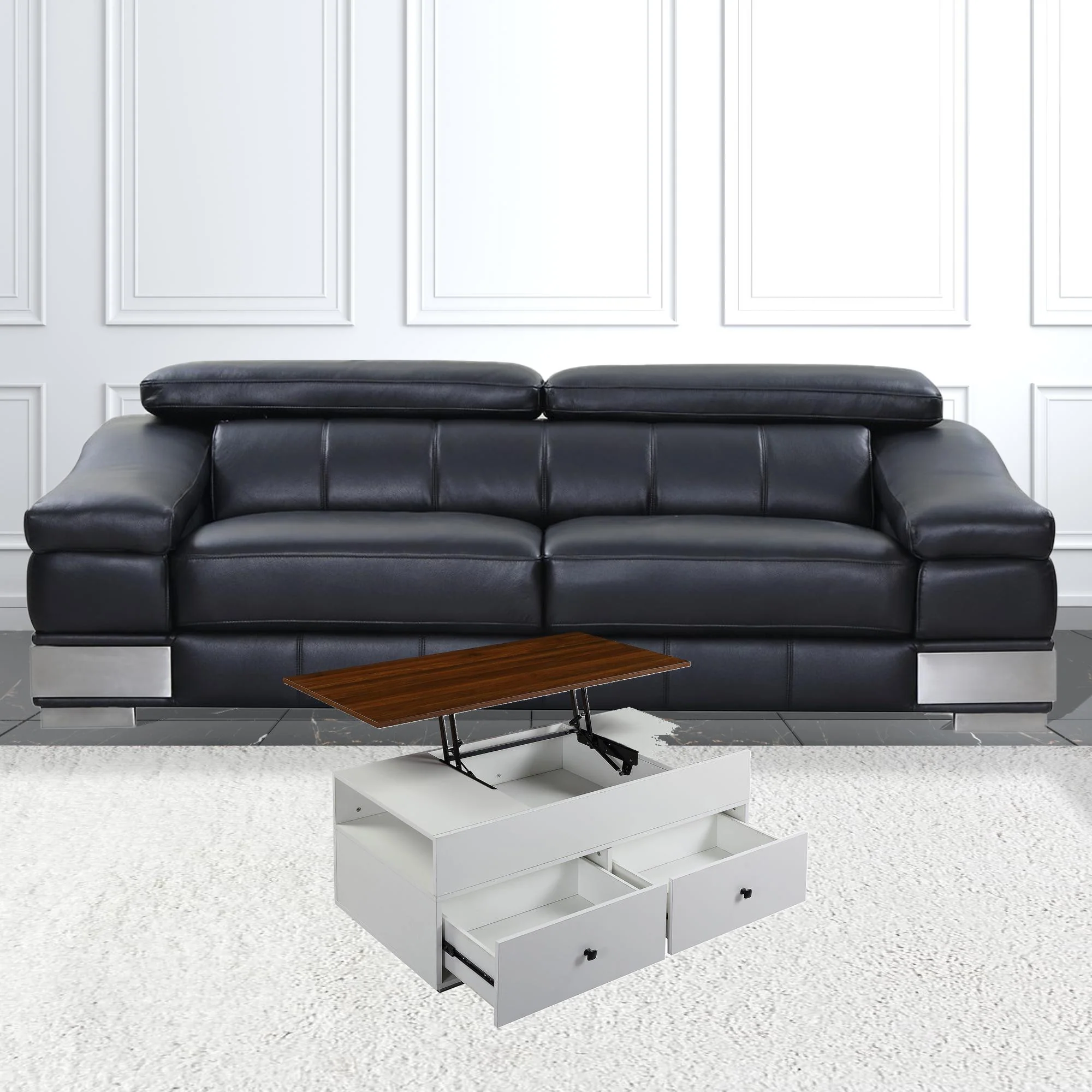 46" White And Walnut Melamine Veneer And Manufactured Wood Rectangular Lift Top Coffee Table With Two Drawers And Shelf By Homeroots - Image 2