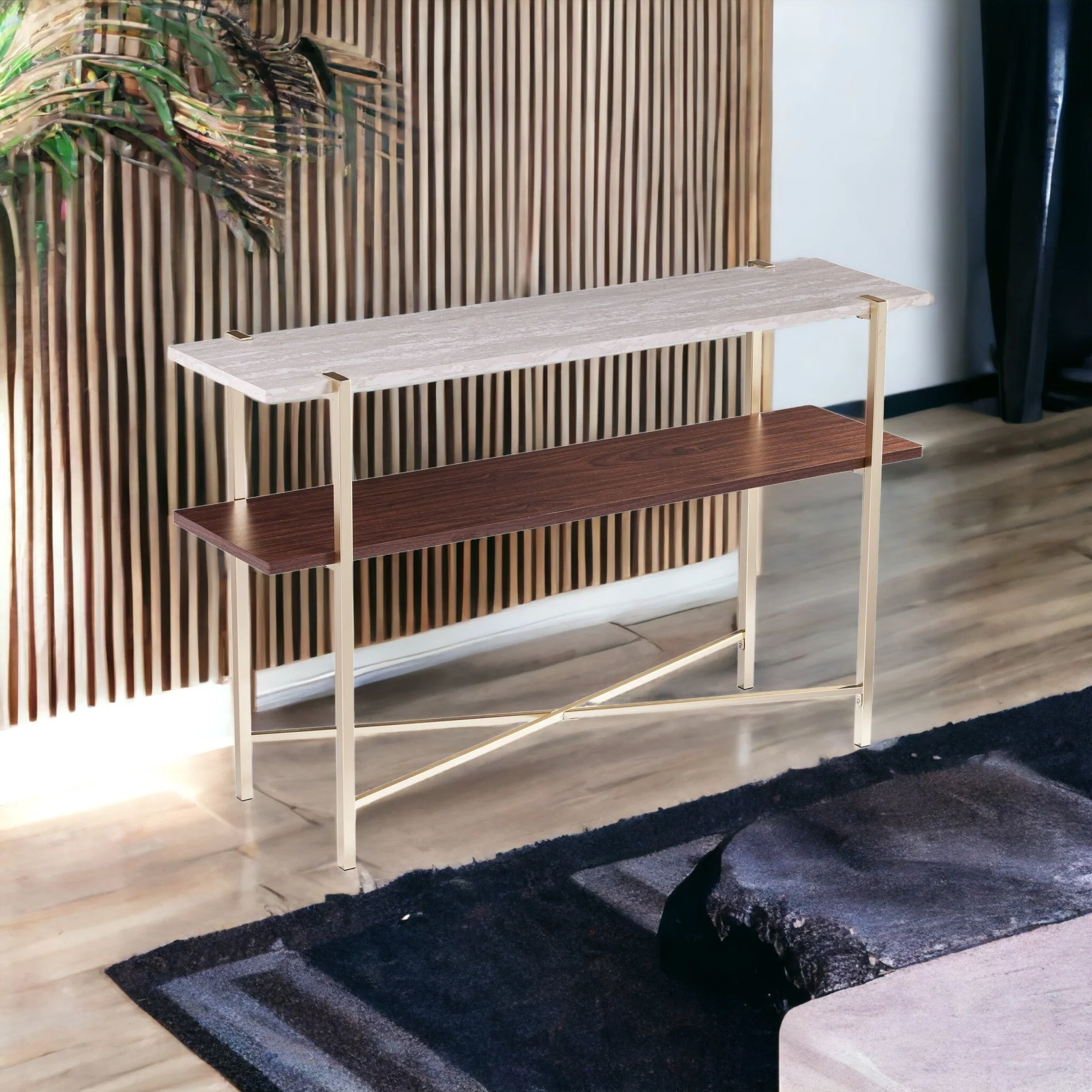 47" Beige and Gold Faux Marble Frame Console Table With Storage By Homeroots - Image 4