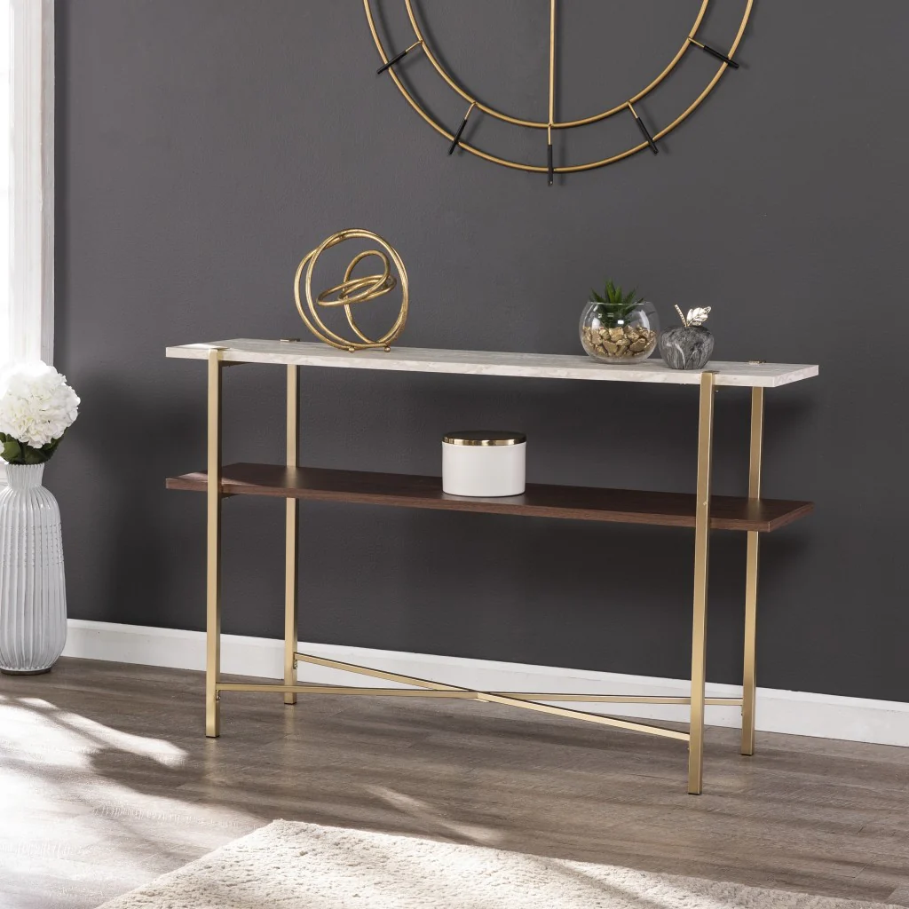 47" Beige and Gold Faux Marble Frame Console Table With Storage By Homeroots - Image 6