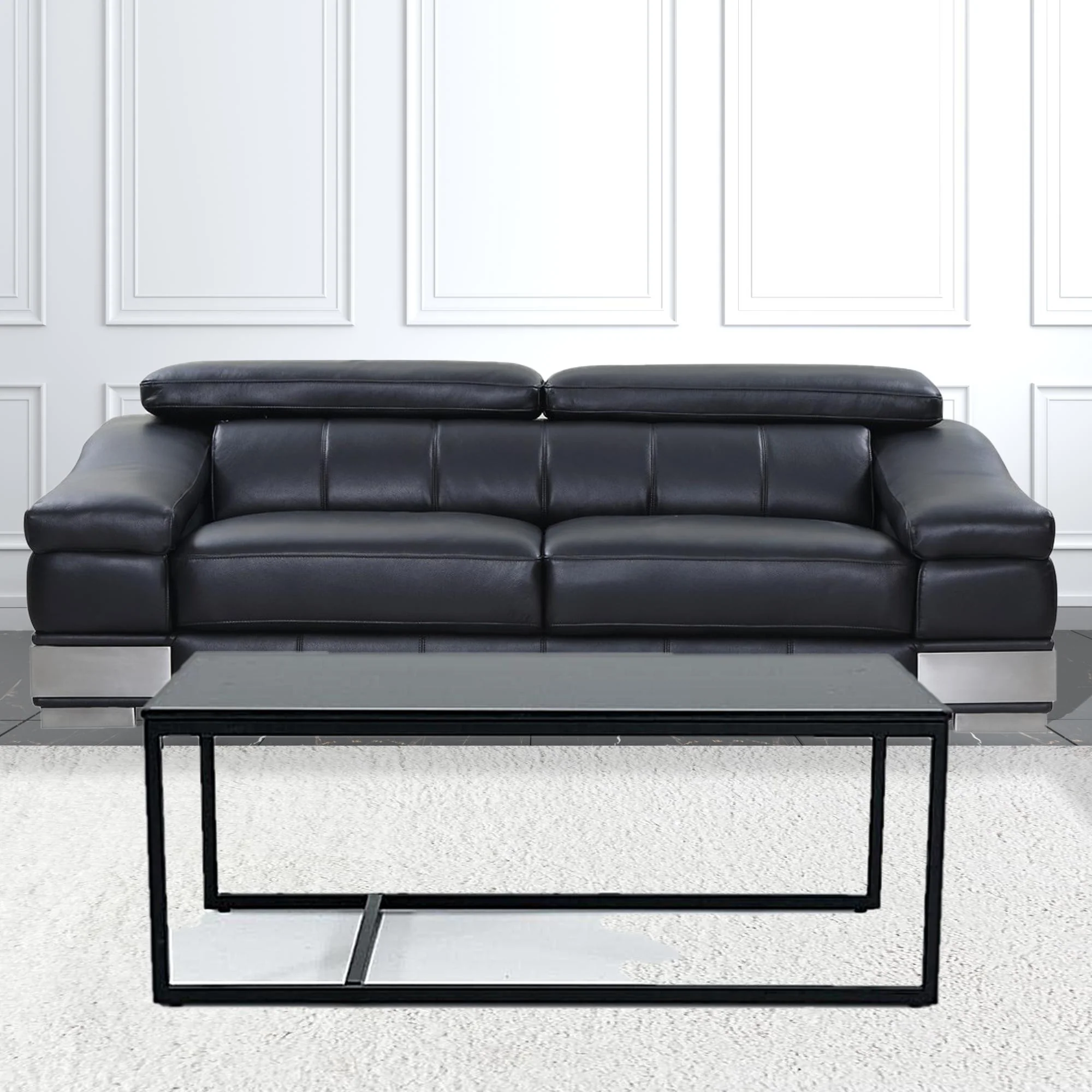 47" Black And Black Marble Stone Rectangular Coffee Table By Homeroots - Image 4
