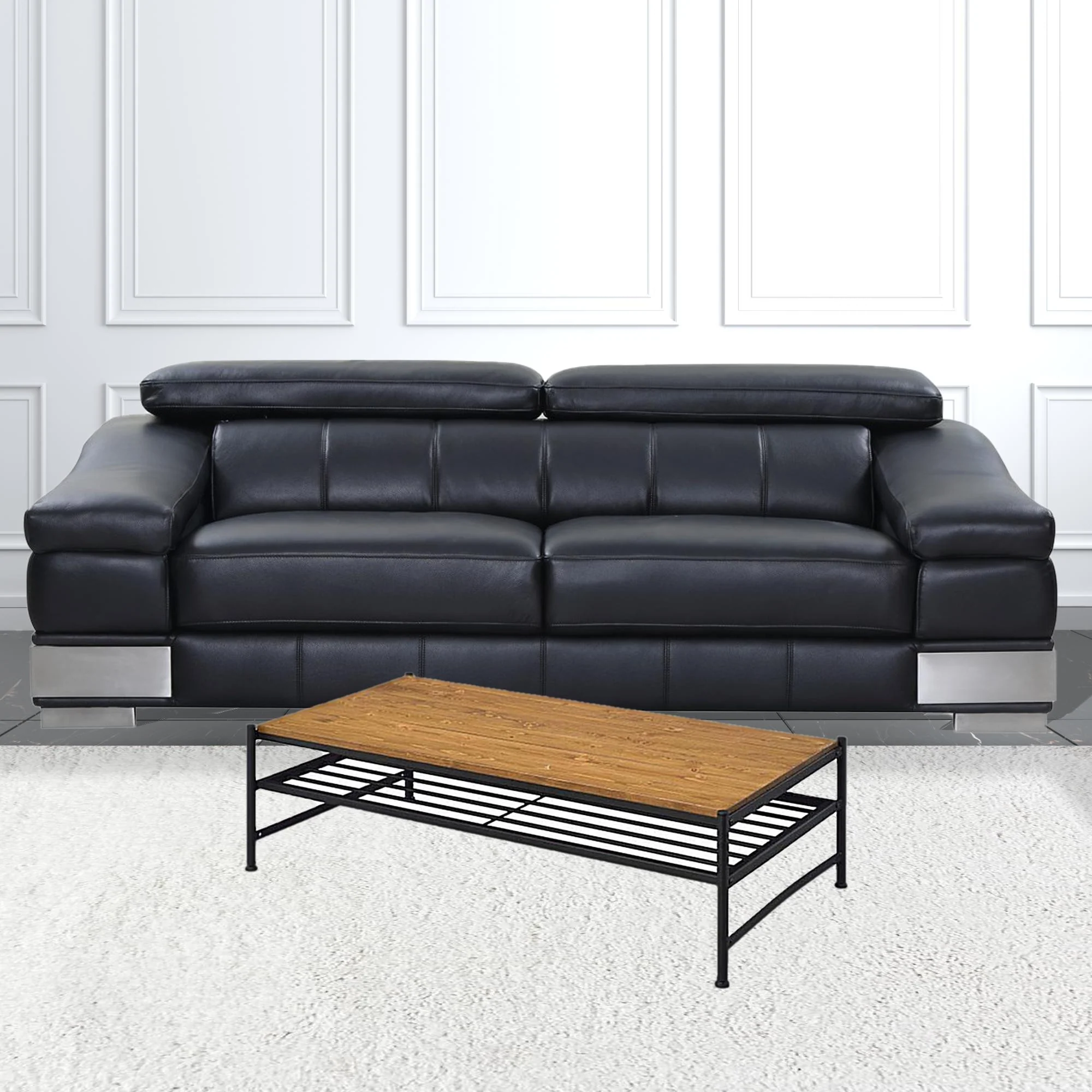 47" Black And Oak Solid Wood Rectangular Coffee Table With Shelf By Homeroots - Image 2