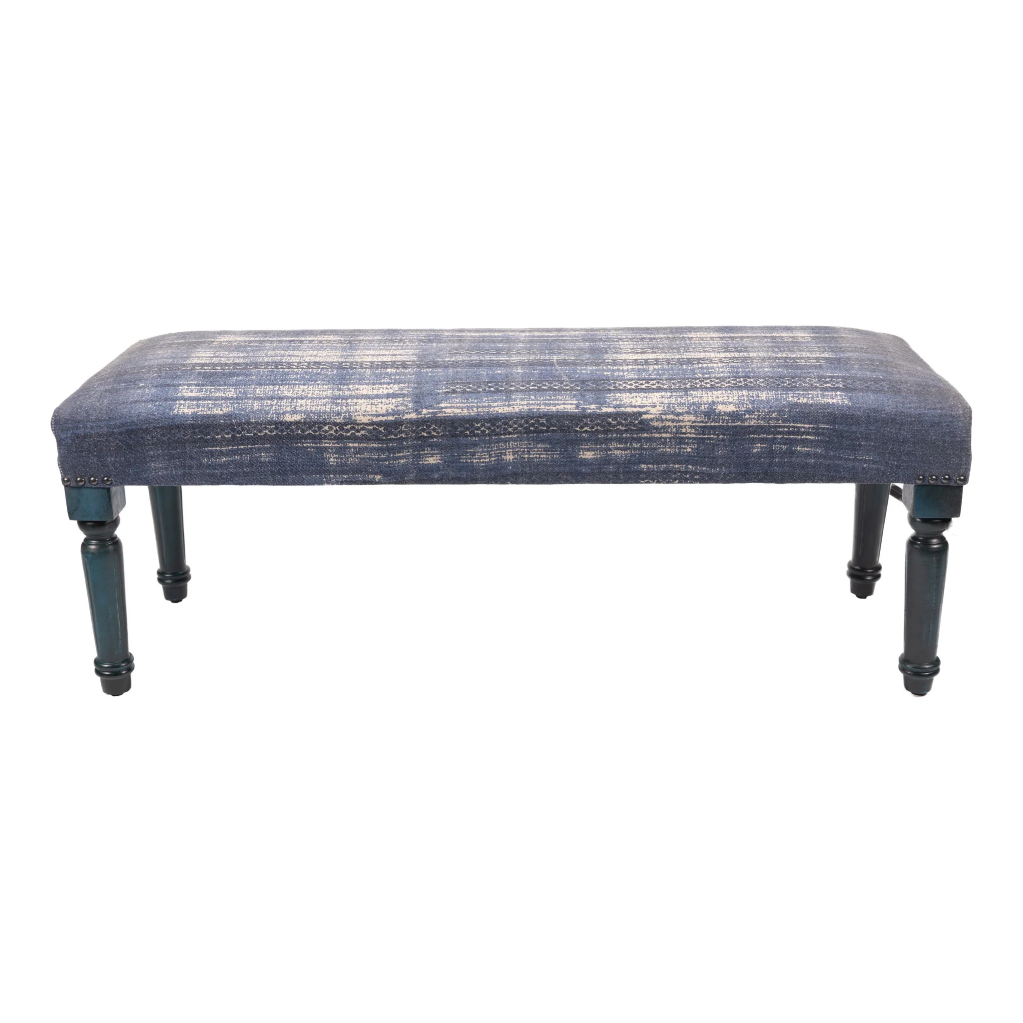 47" Blue And Cream Abstract Design Blue Leg Upholstered Bench By Homeroots - Image 2