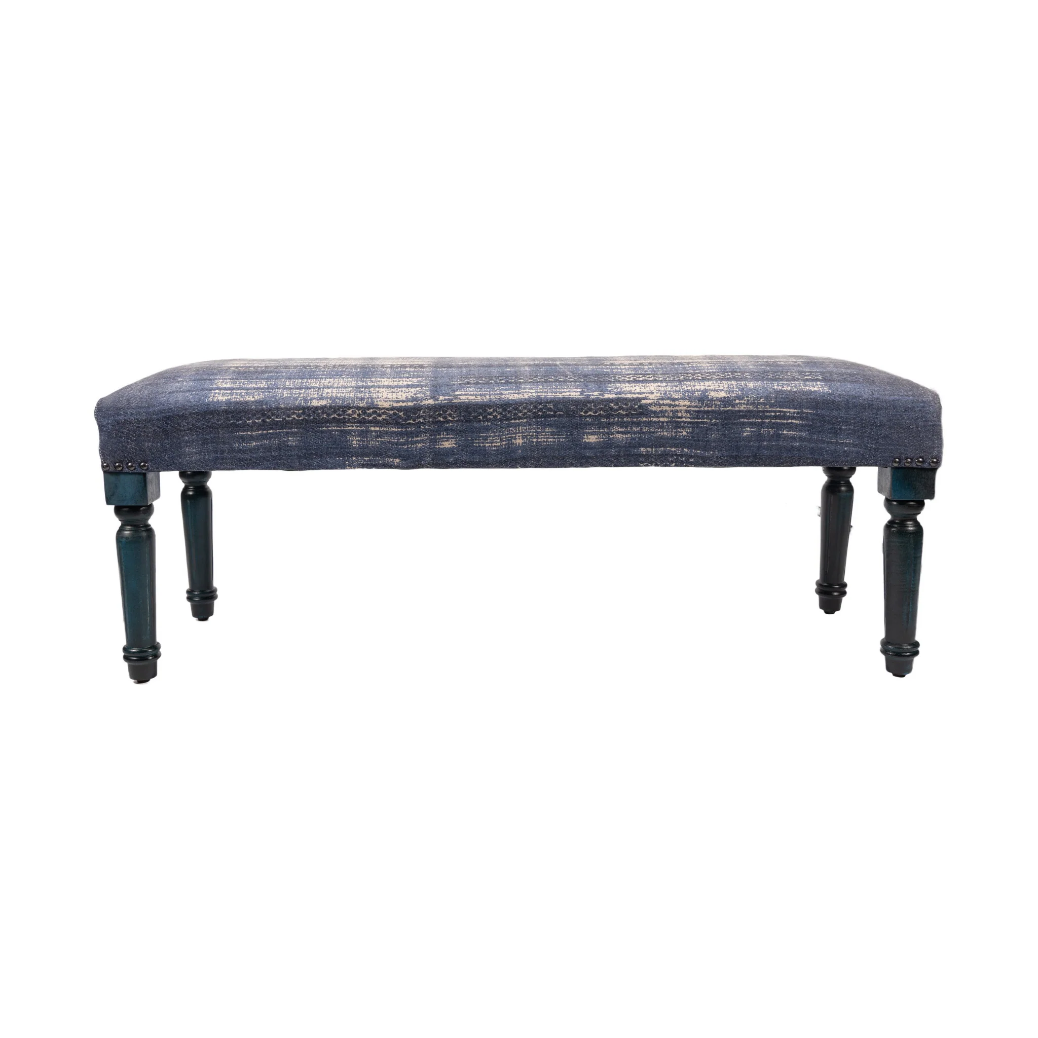 47" Blue And Cream Abstract Design Blue Leg Upholstered Bench By Homeroots - Image 4