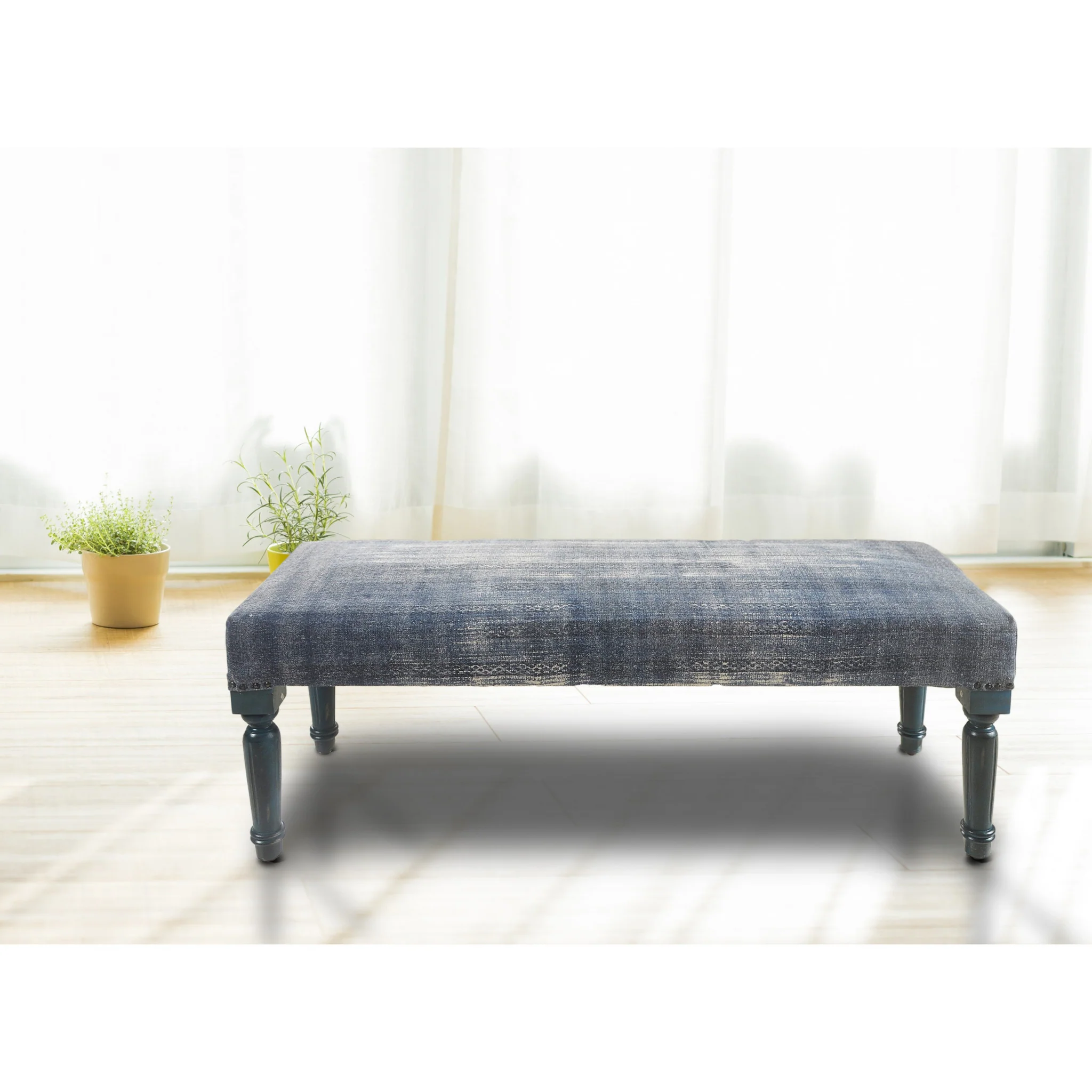 47" Blue And Cream Abstract Design Blue Leg Upholstered Bench By Homeroots - Image 6