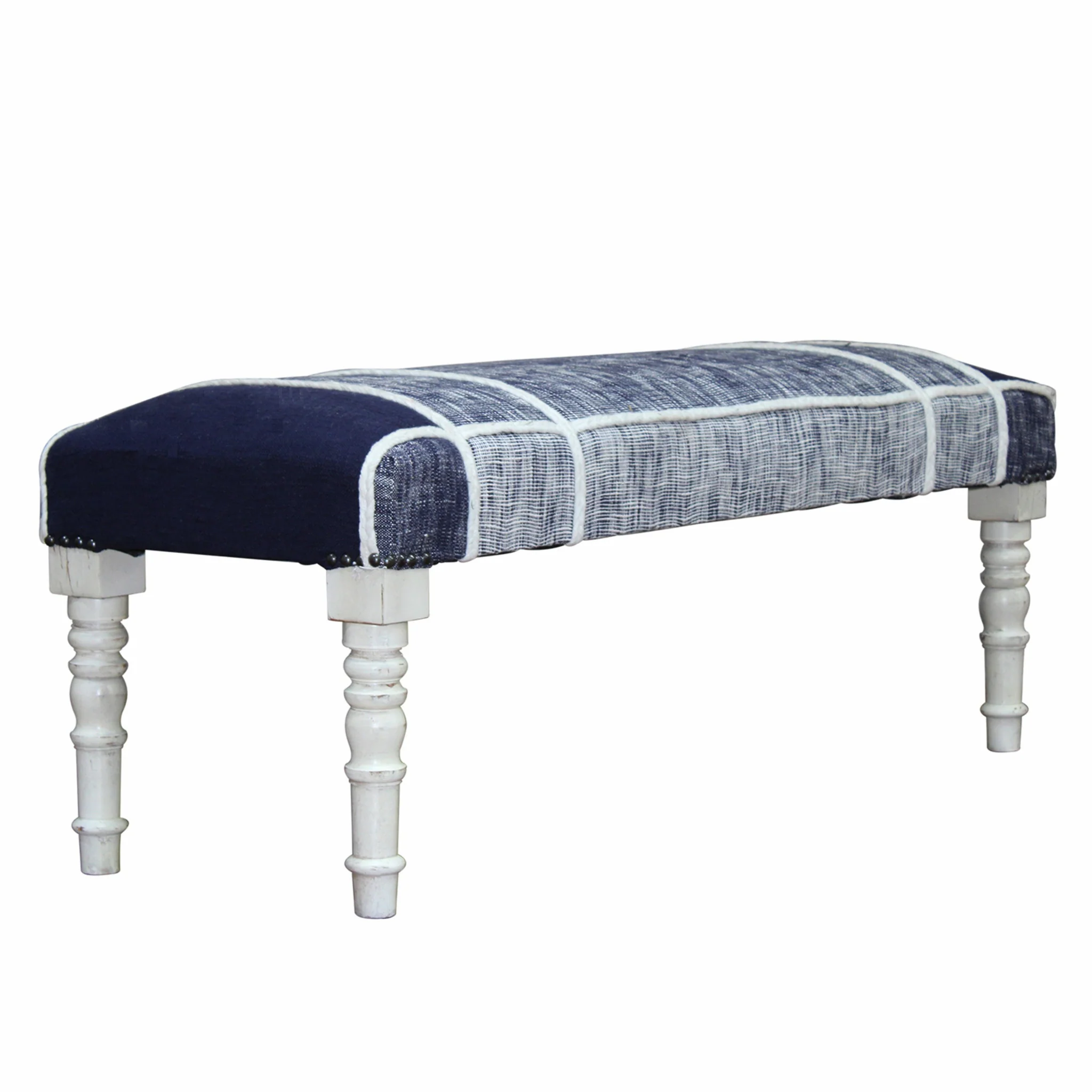 47" Blue And Gray Textural White Leg Upholstered Bench By Homeroots - Image 4