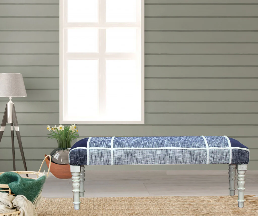 47" Blue And Gray Textural White Leg Upholstered Bench By Homeroots - Image 7