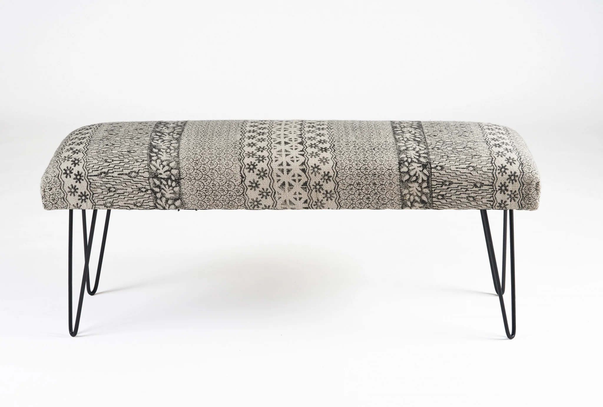 47" Charcoal Gray and White Black Leg Abstract Floral Upholstered Bench By Homeroots - Image 2
