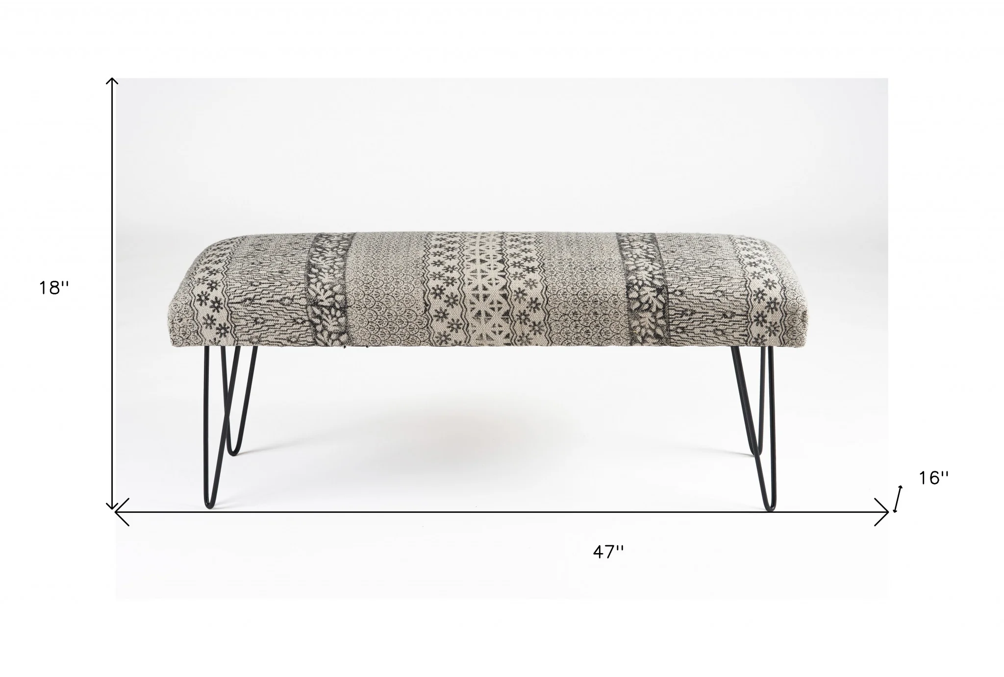 47" Charcoal Gray and White Black Leg Abstract Floral Upholstered Bench By Homeroots - Image 7