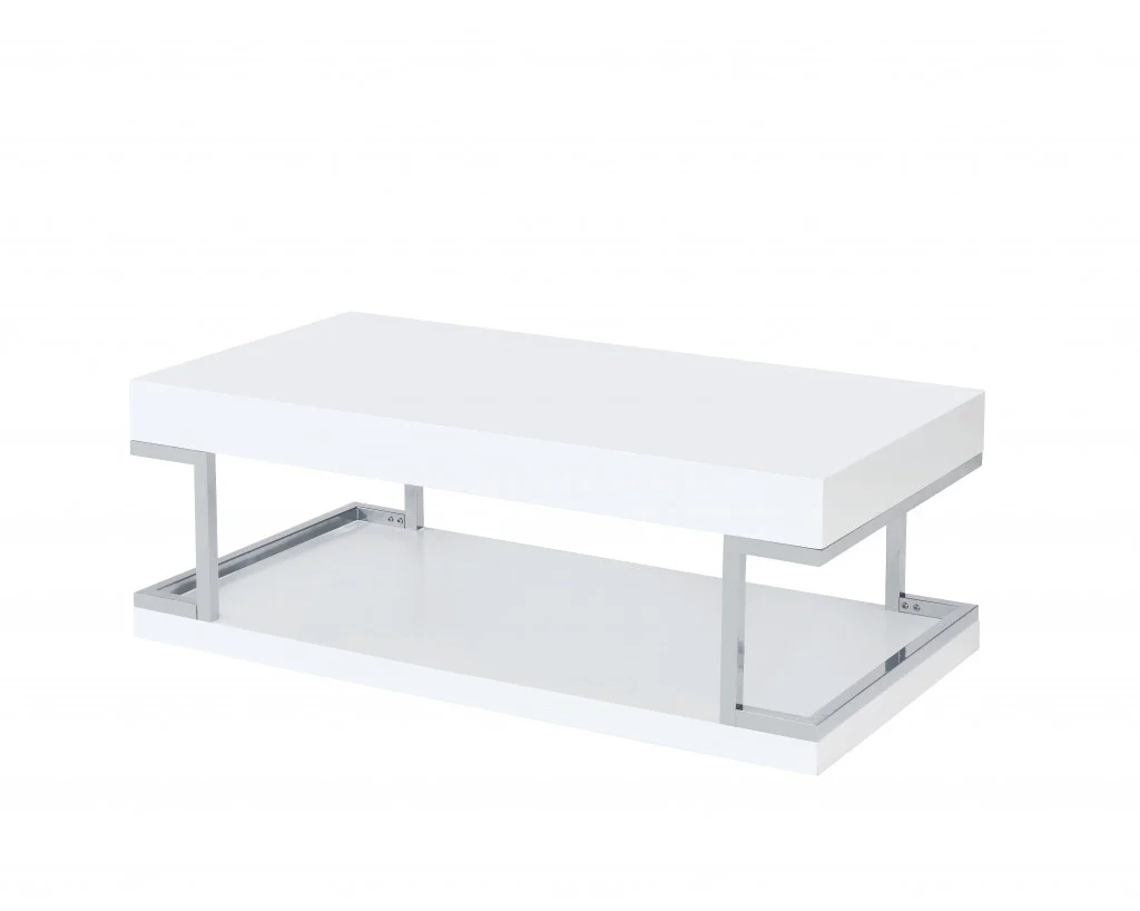 47" Chrome And White High Gloss Manufactured Wood And Metal Rectangular Coffee Table With Shelf By Homeroots - Image 2