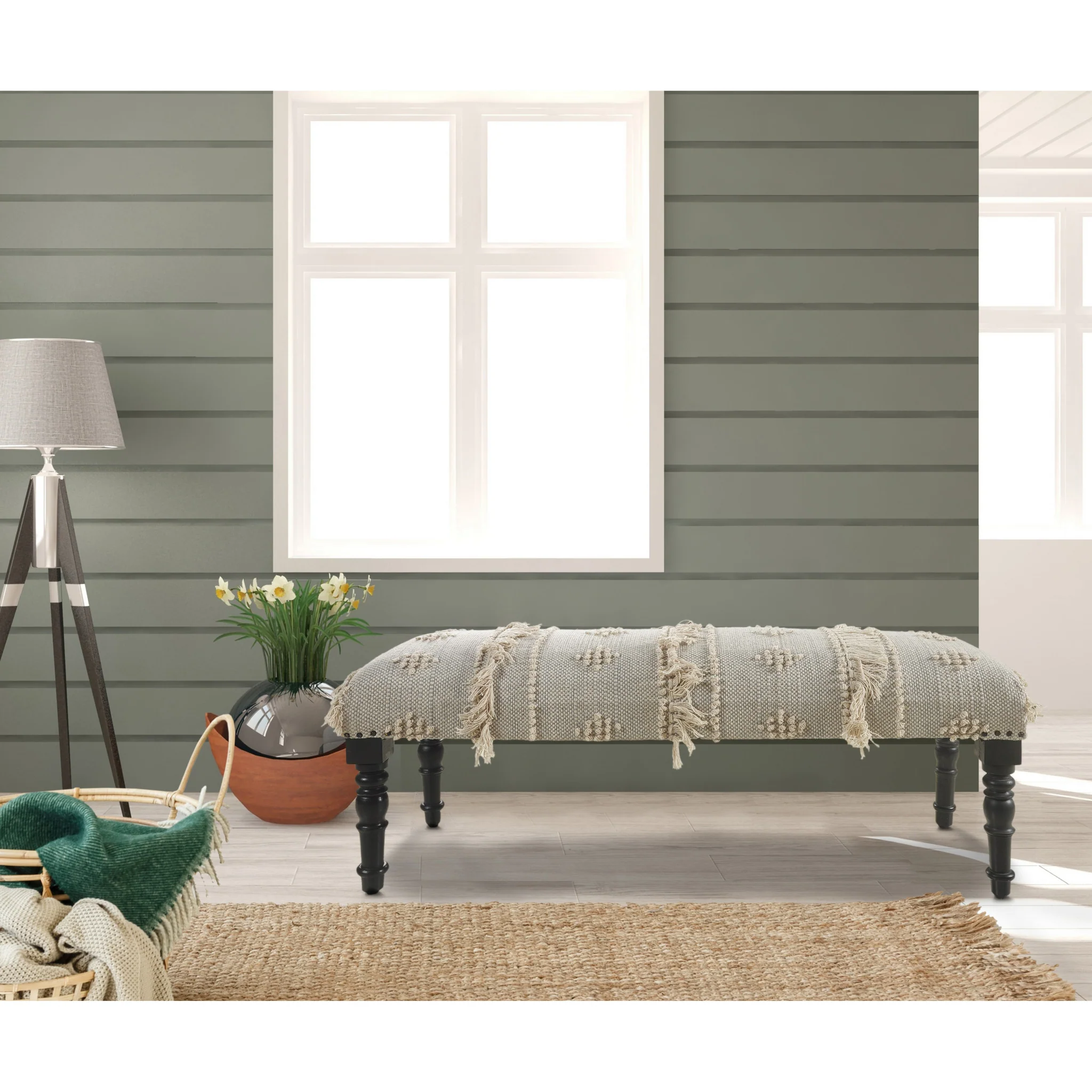 47" Cream And Black Leg Abstract Stripe and Dot Upholstery Bench By Homeroots - Image 7