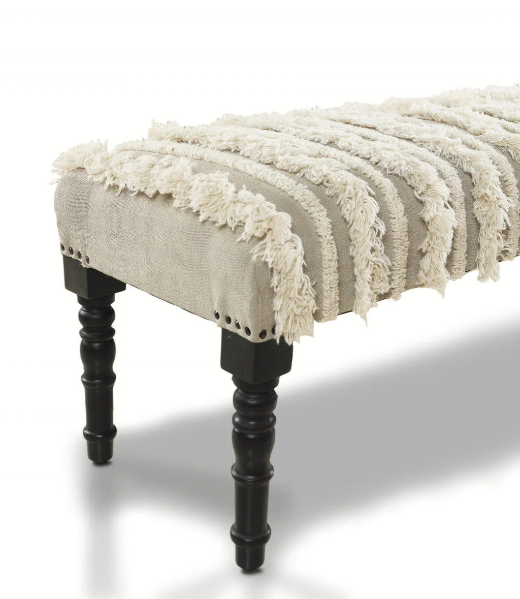 47" Cream Textural Boho Stripe Black Leg Upholstered Bench By Homeroots - Image 3