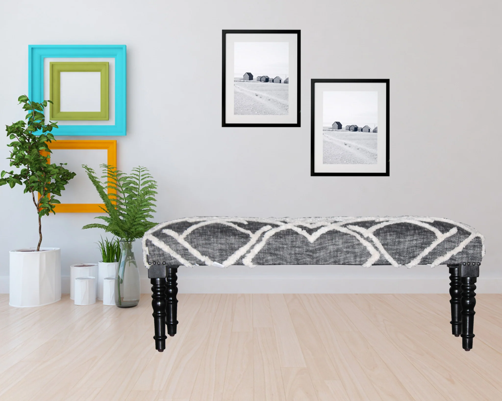 47" Gray And White Geometric Cotton Upholstered Distressed Bench By Homeroots - Image 5