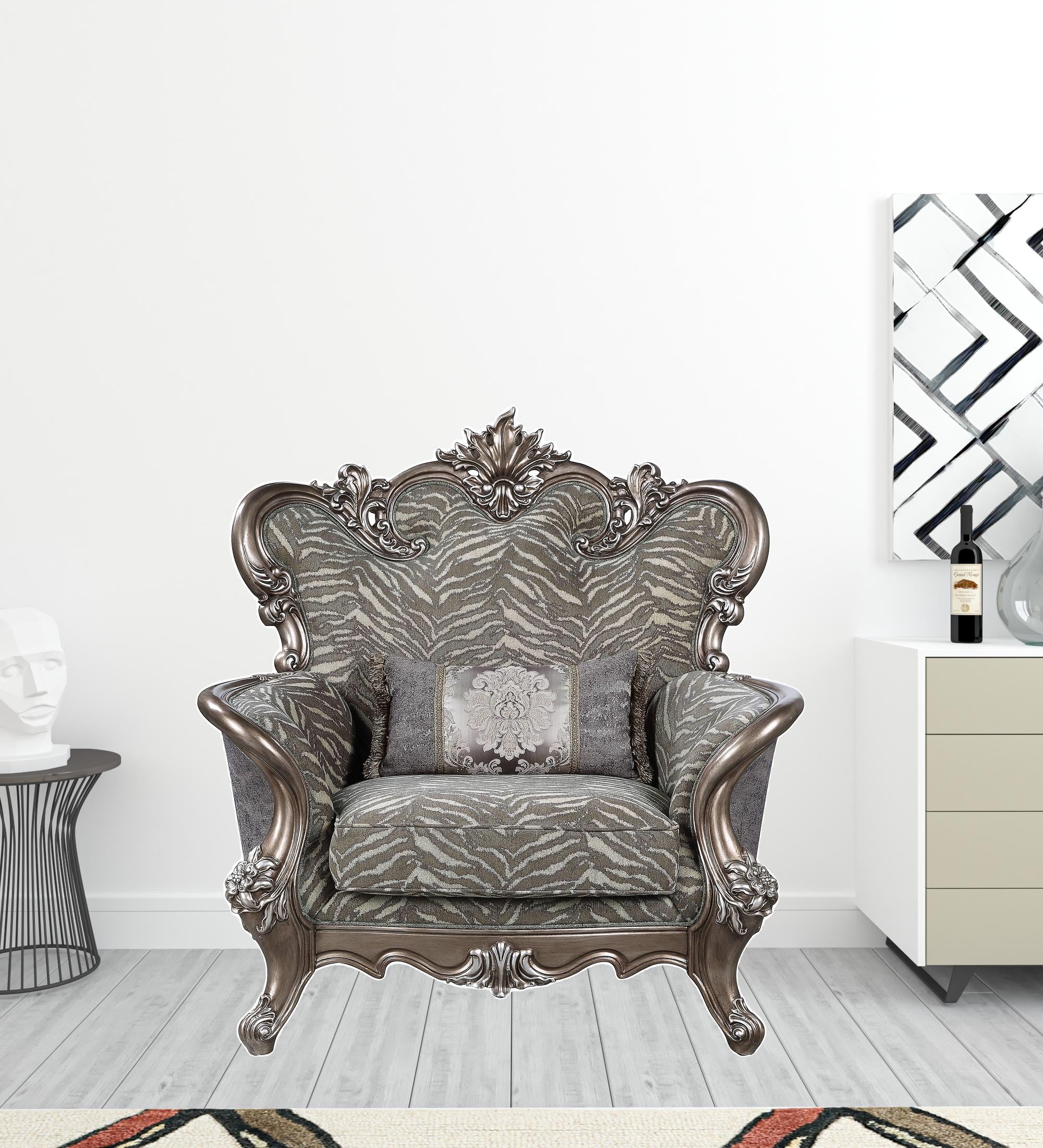 47" Gray Fabric And Antique Bronze Floral Tufted Wingback Chair By Homeroots - Image 2