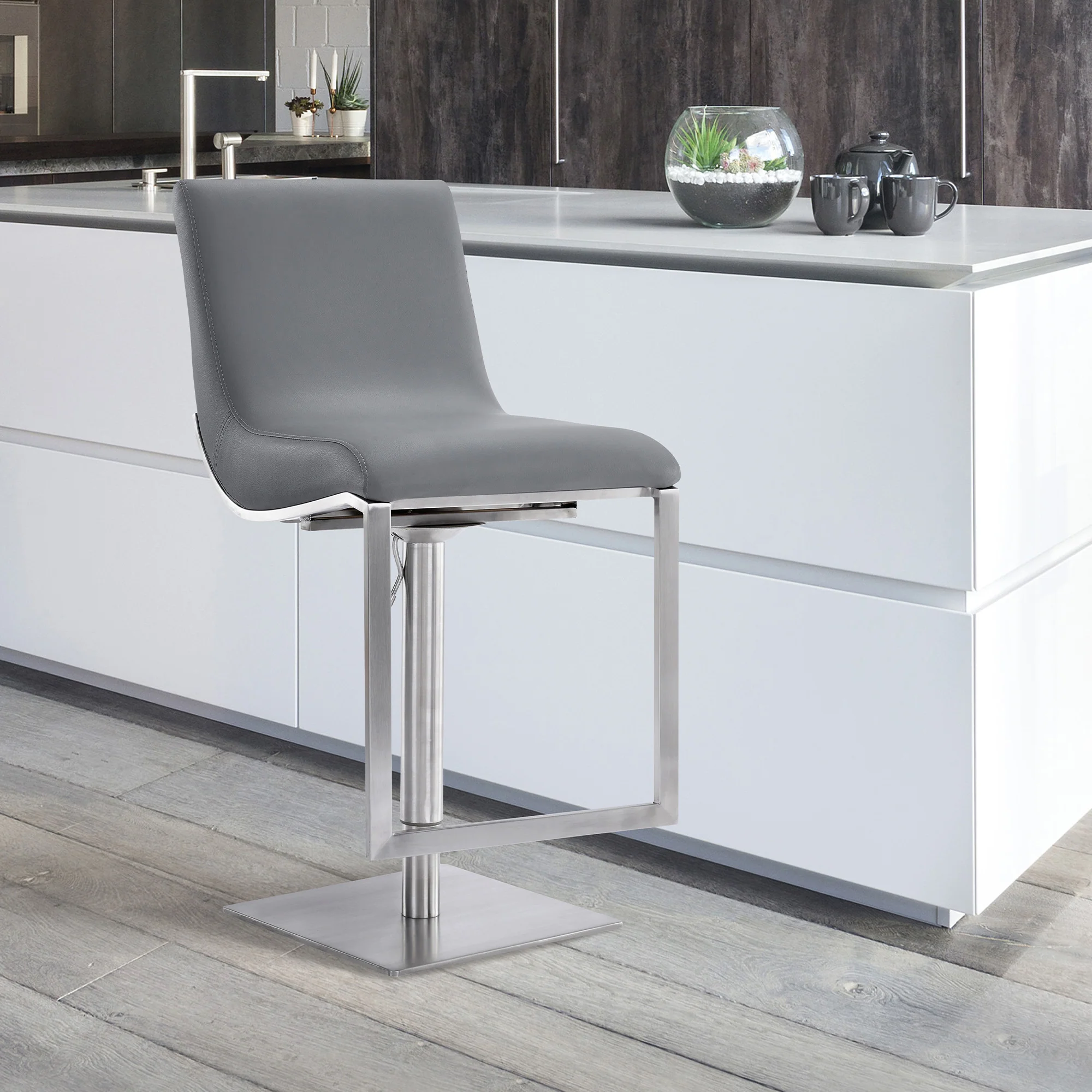 47" Gray Faux Leather And Iron Swivel Adjustable Height Bar Chair By Homeroots - Image 8