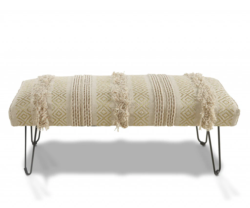 47" Ivory And Gold Geometric Black Leg Upholstered Bench By Homeroots - Image 2