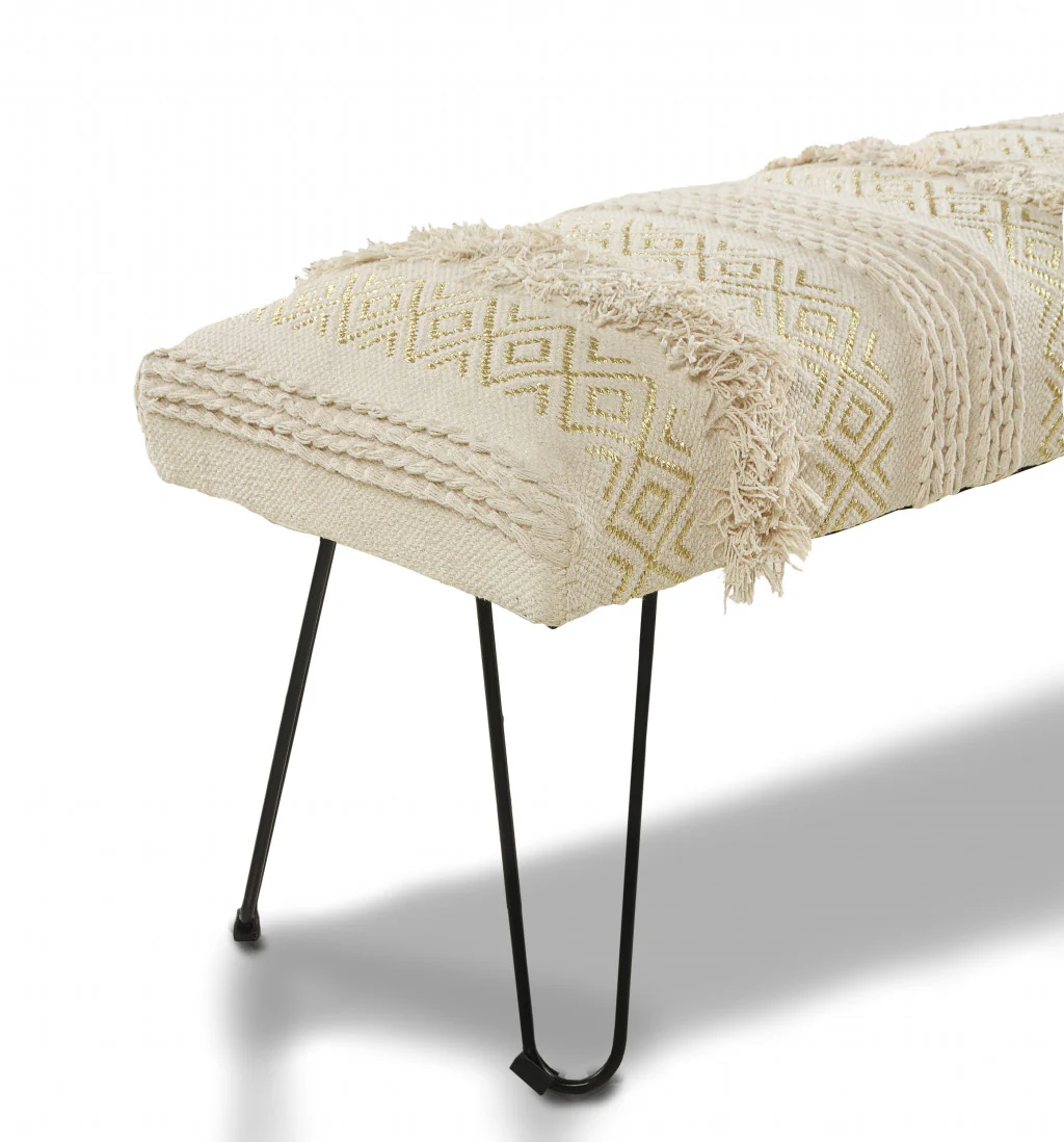 47" Ivory And Gold Geometric Black Leg Upholstered Bench By Homeroots - Image 3