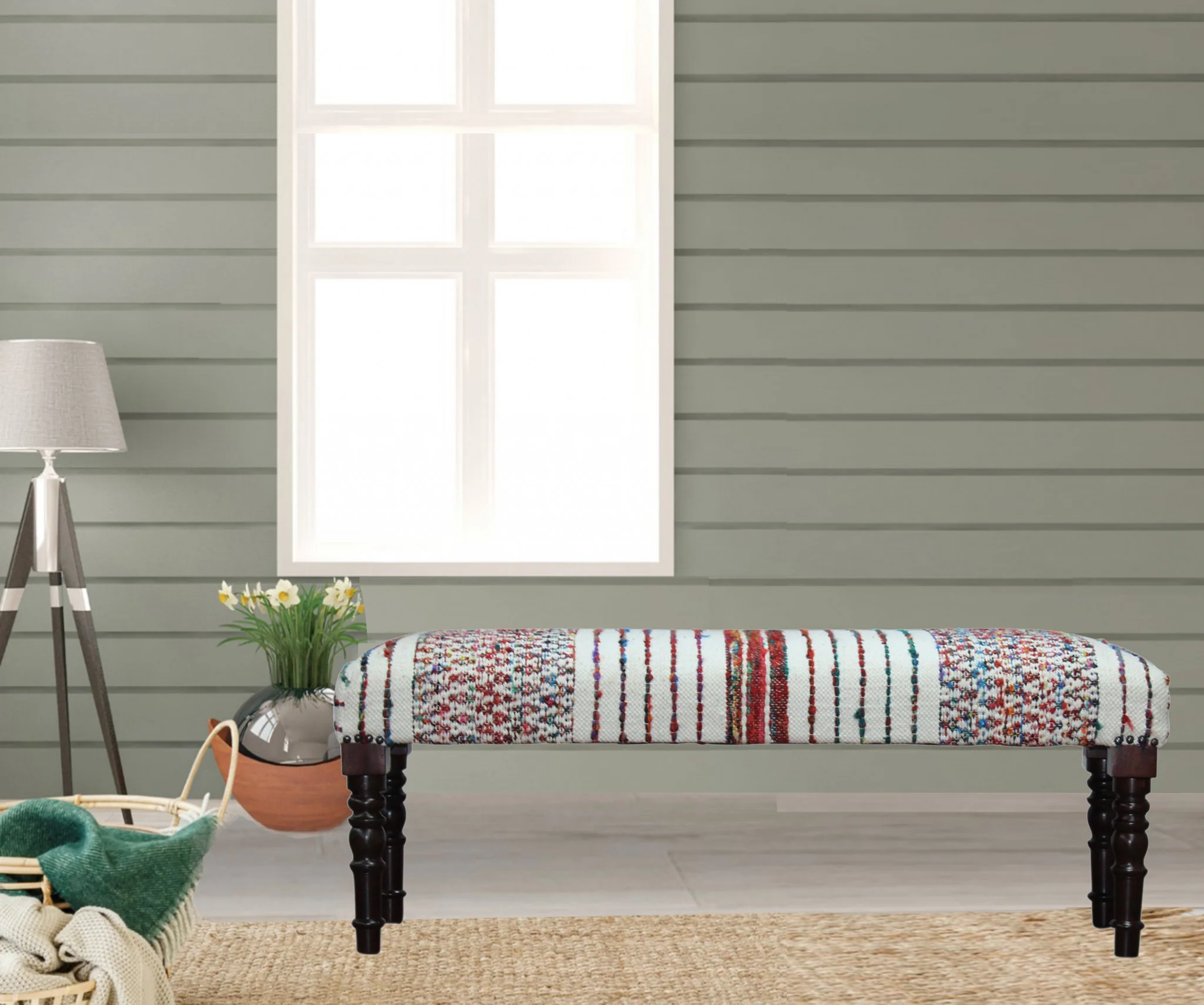 47" Ivory Red and Pink Black Leg Chevron Stripe Upholstered Bench By Homeroots - Image 7