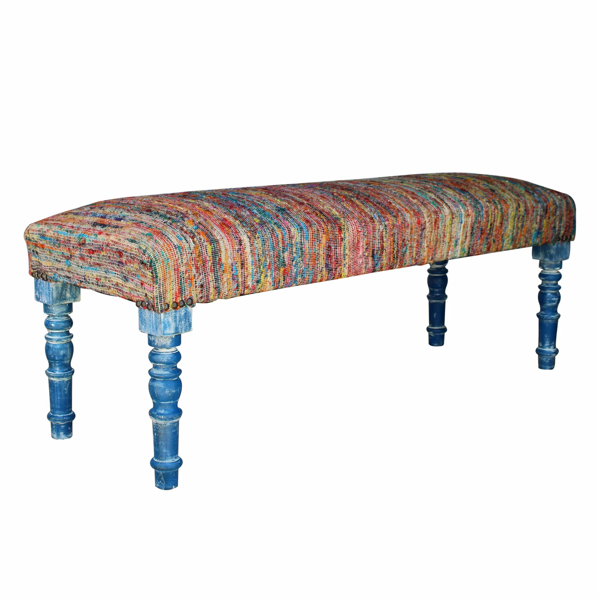 47" Rainbow Stripe Blue Leg Upholstered Bench By Homeroots - Image 3